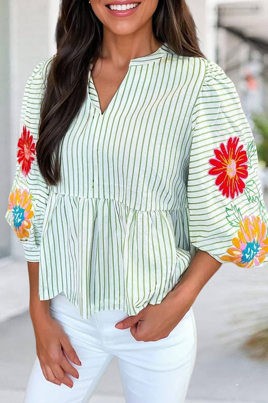 Striped Floral Print (No Embroidery) Cute Blouse