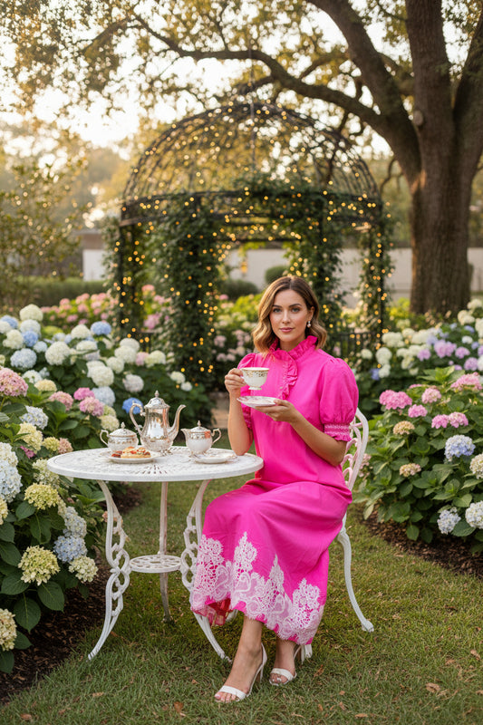 Jodifl Hot Pink Midi Dress with White Lace Hem