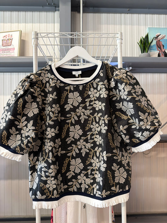 Voy Black Floral Puff-Sleeve Knit Sweater with Cream Trim