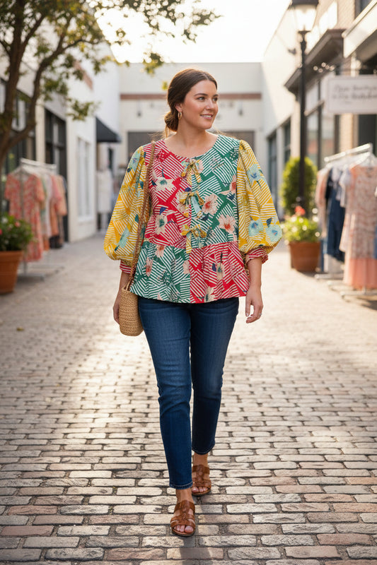 Jodifl Multicolor Floral Patchwork Tie-Front Top
