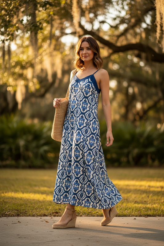 Kindred Blue Printed Sleeveless Maxi Dress