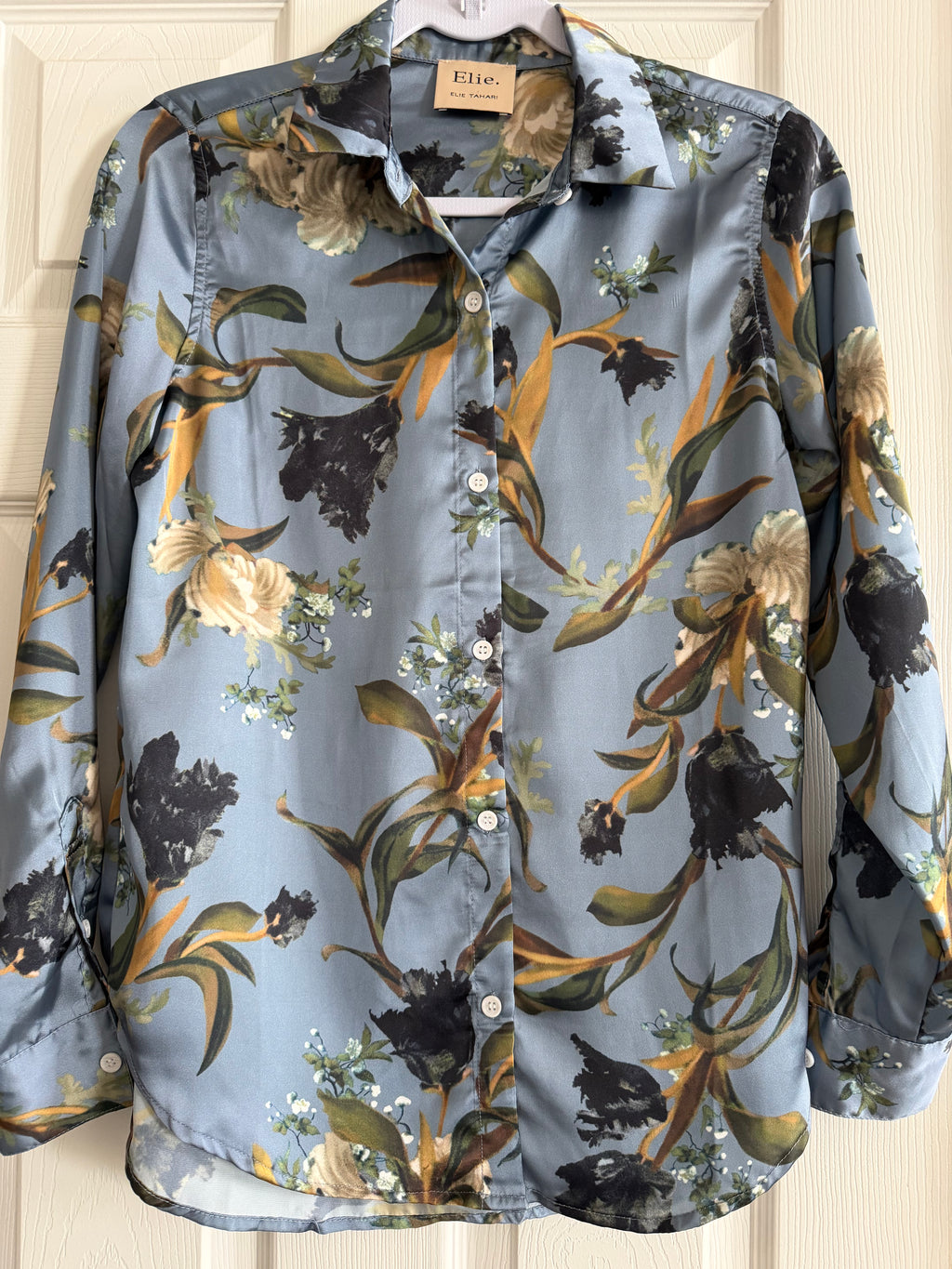 Elie Tahari Dusty Blue Floral Silk Button-Down