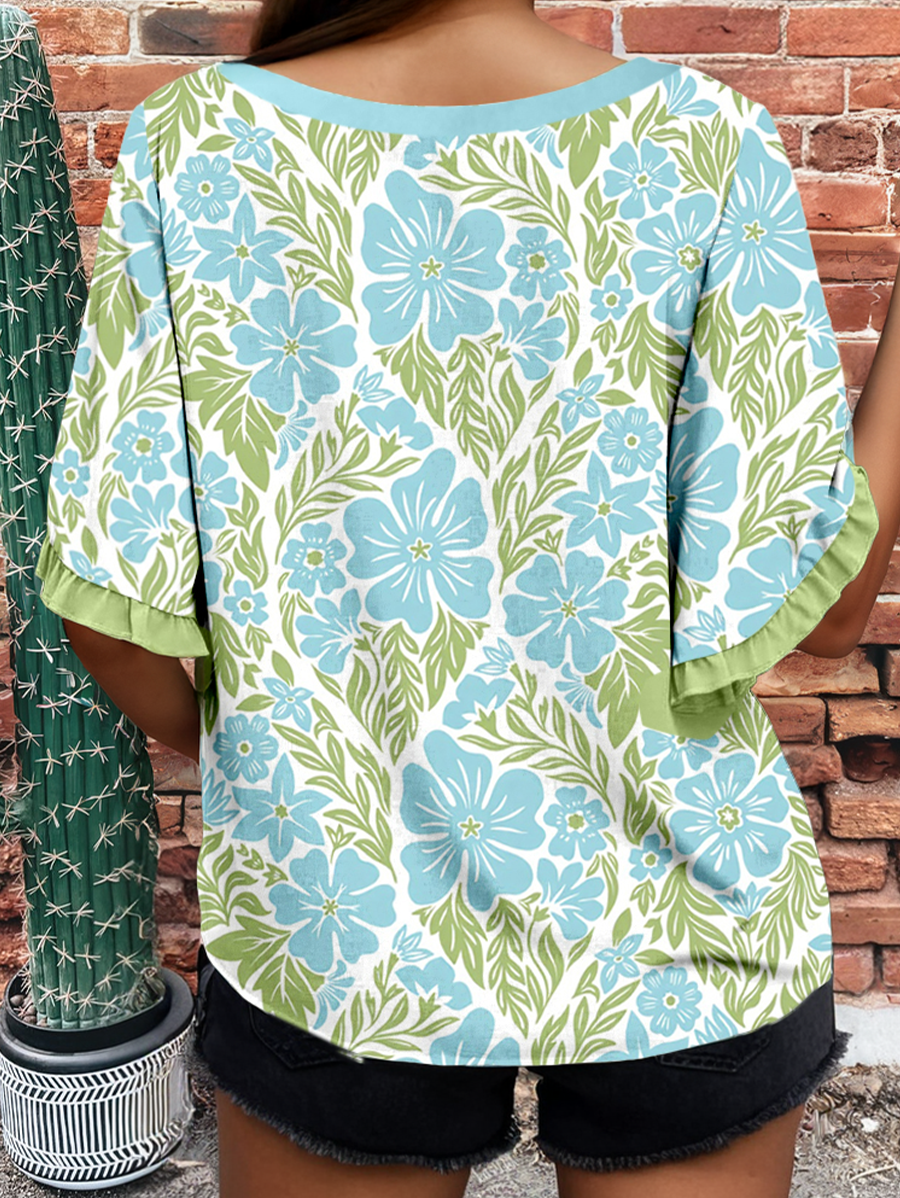 Fashion Floral Printed Lace Color Block Half Sleeve Blouse: Sky Blue / S