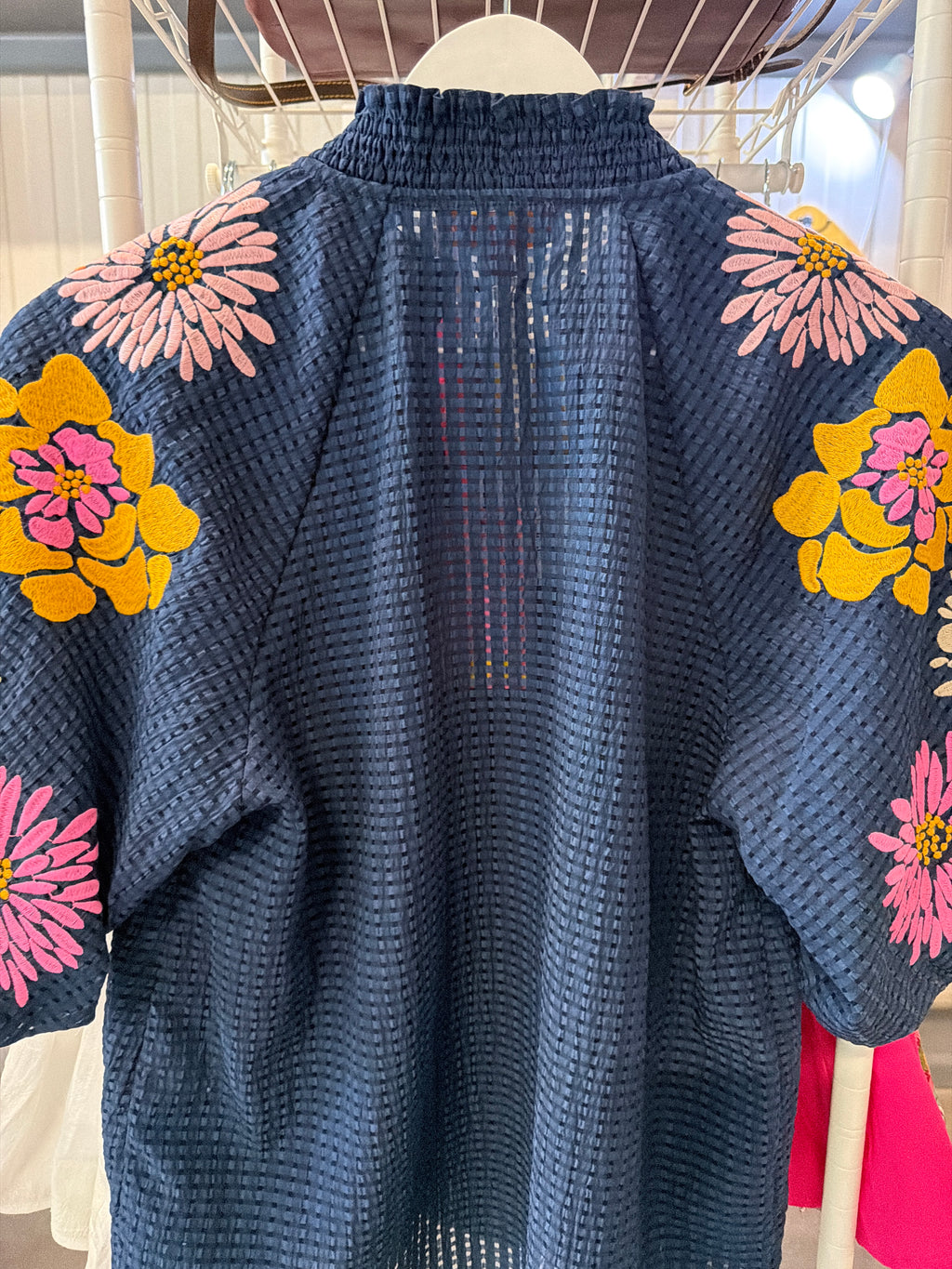 Navy Blouse with Puffed Sleeves and Multicolored Embroidered Flowers