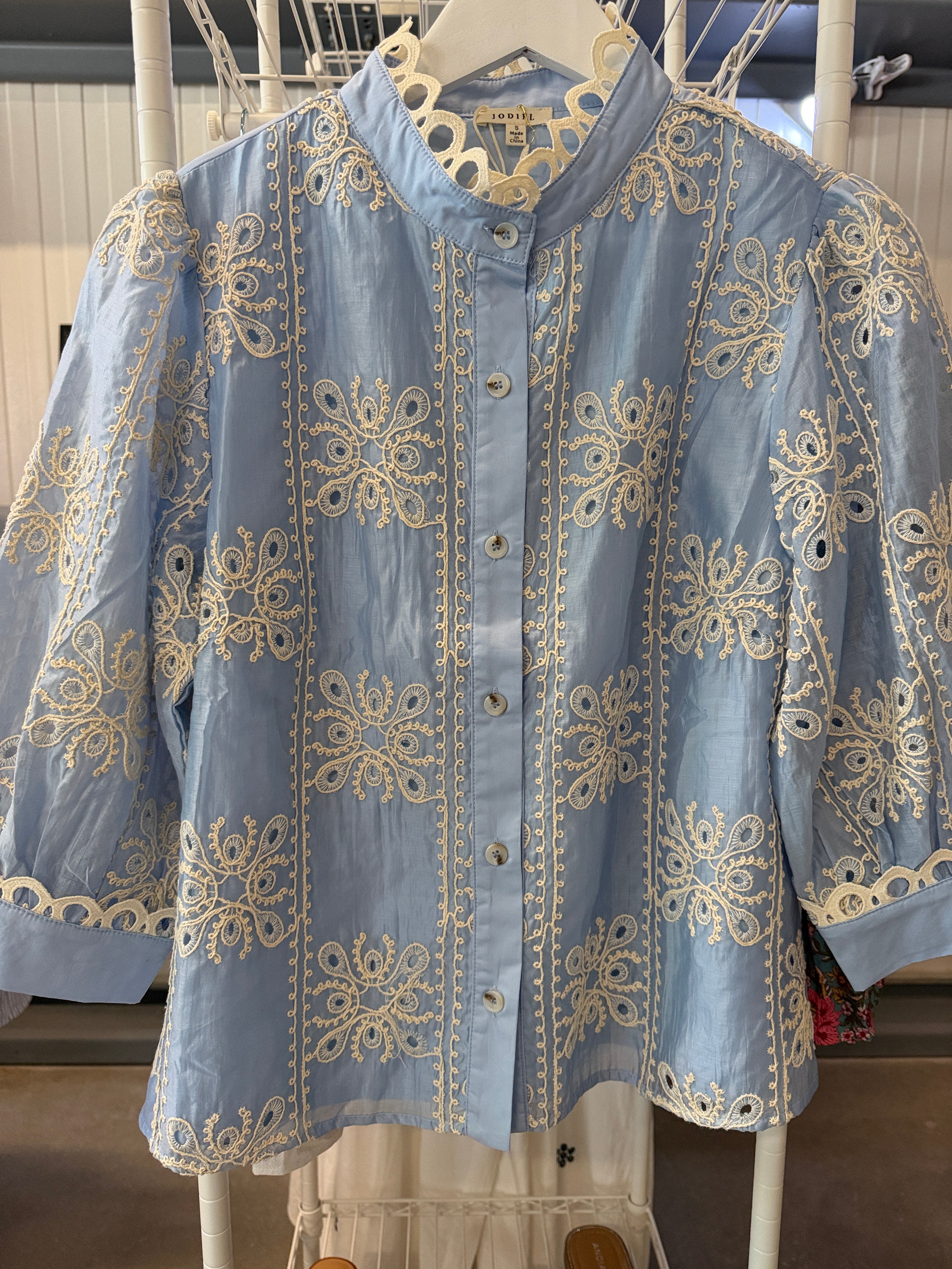 JODIFL Light Blue Embroidered Button-Up Blouse