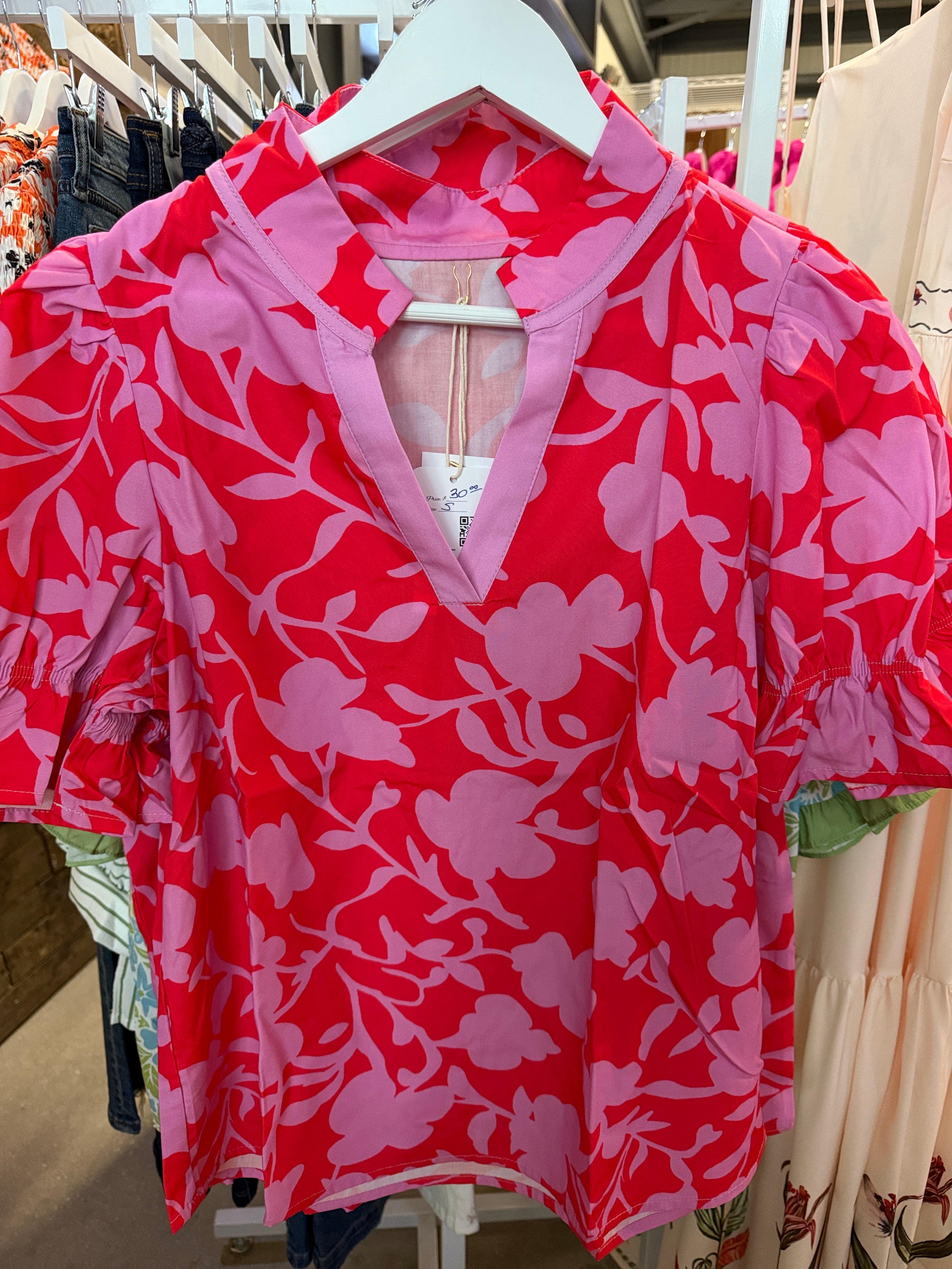 Pink and Red Floral V-Neck Blouse