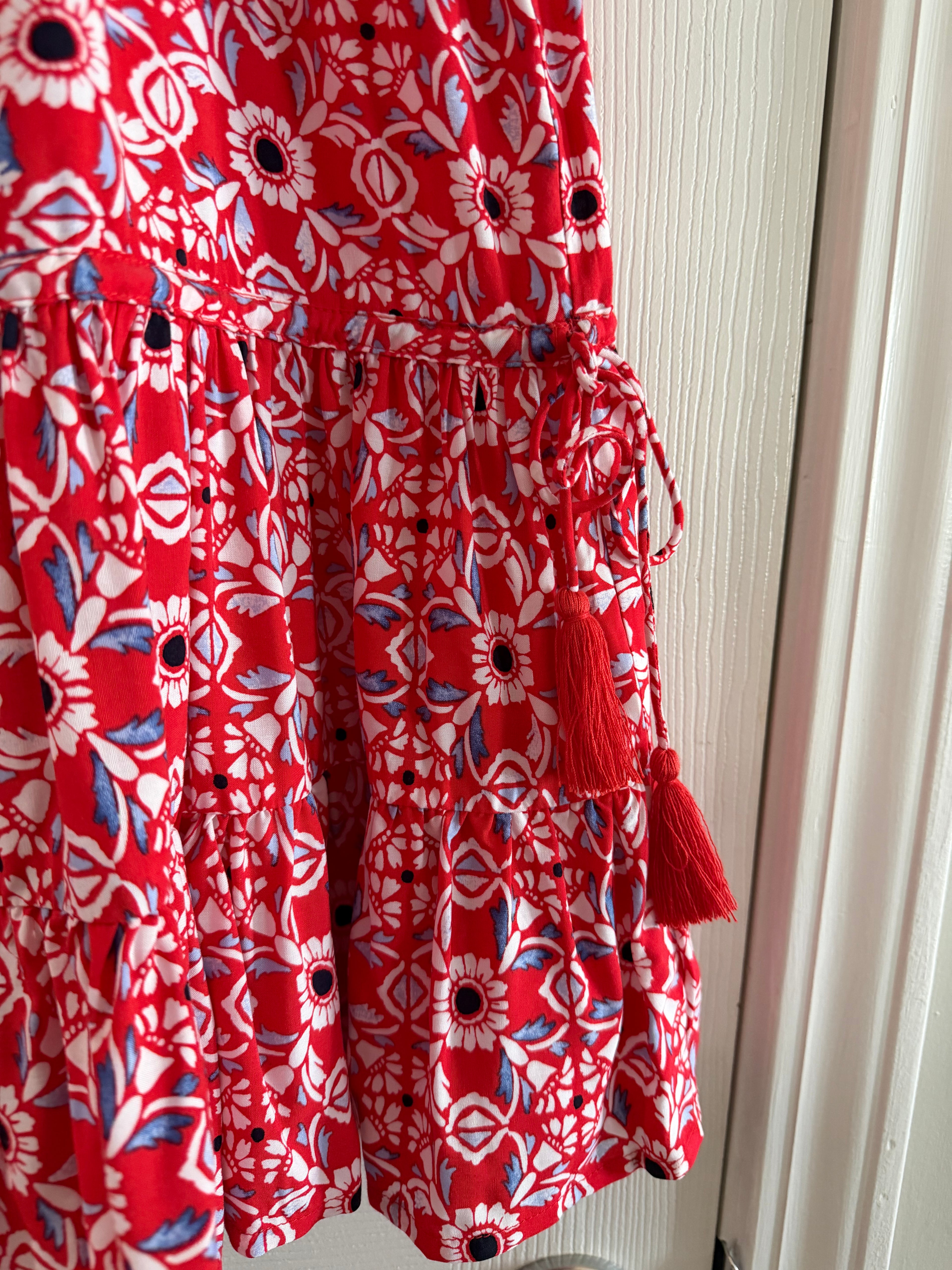 Red Floral Tie-Strap Tiered Dress
