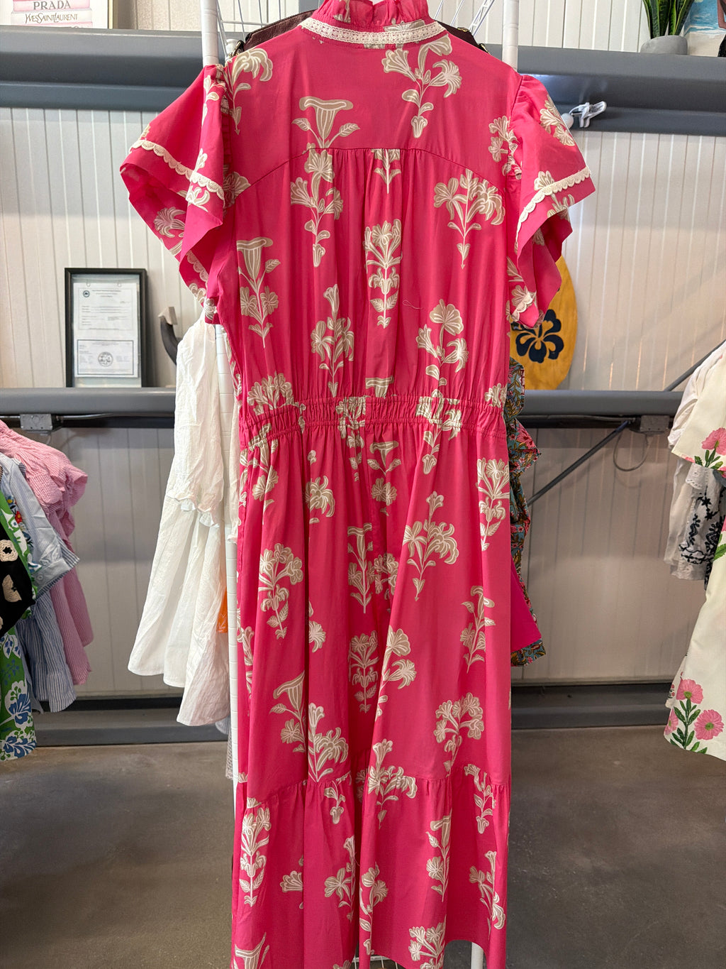 Bright Pink Floral Tiered Maxi Dress
