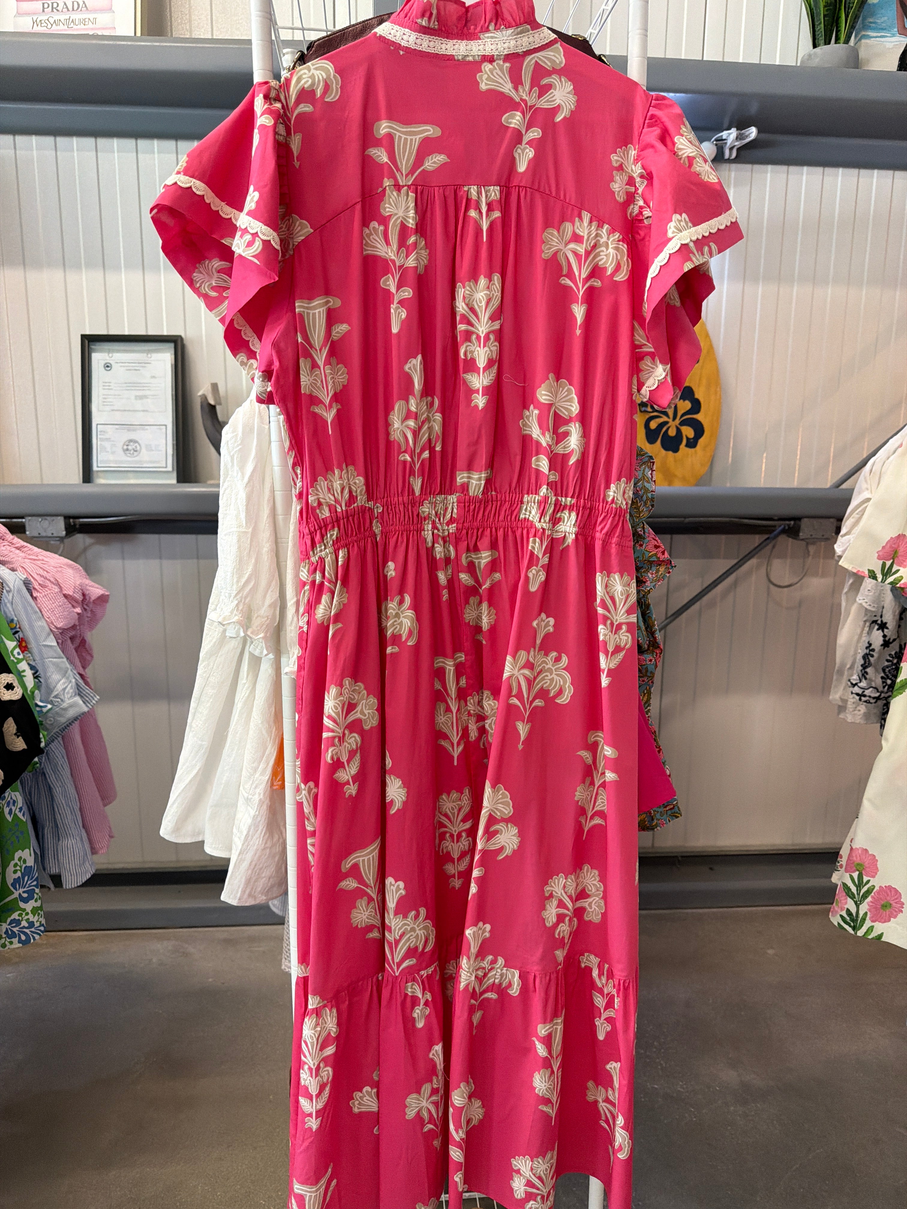 Bright Pink Floral Tiered Maxi Dress