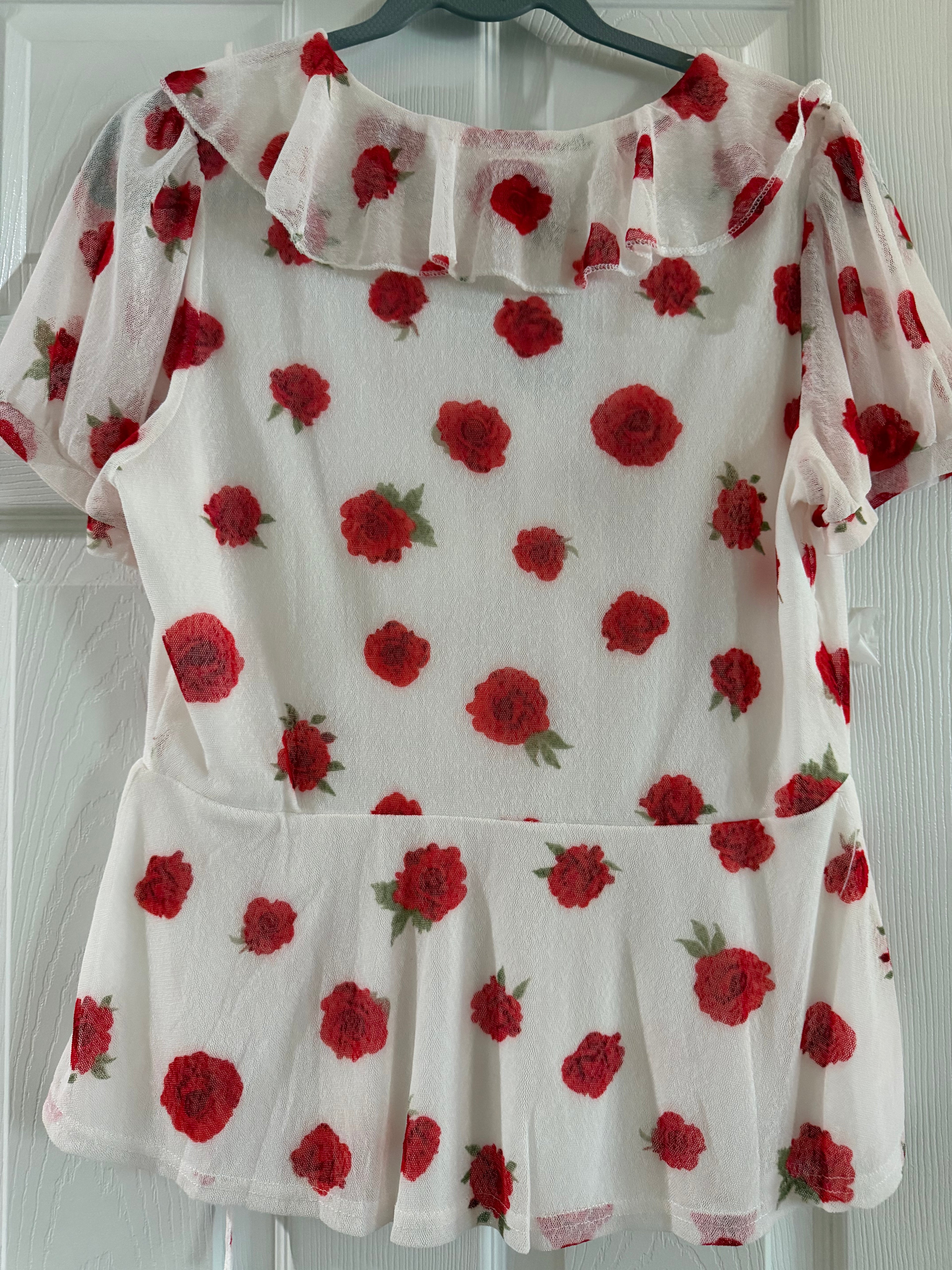 Red Rose Print Wrap Blouse in White