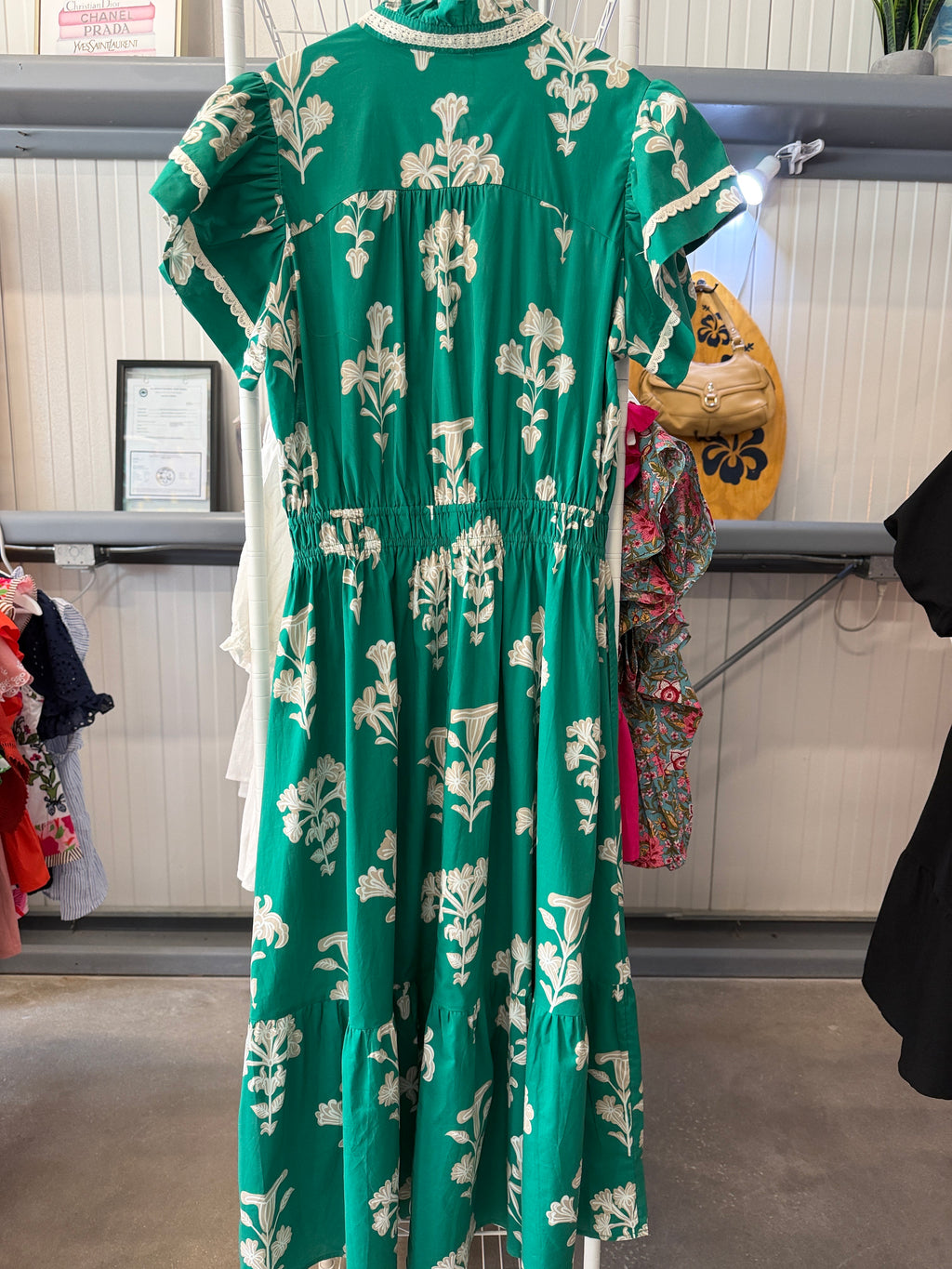 Umgee Green Midi Dress with Cream Floral Print
