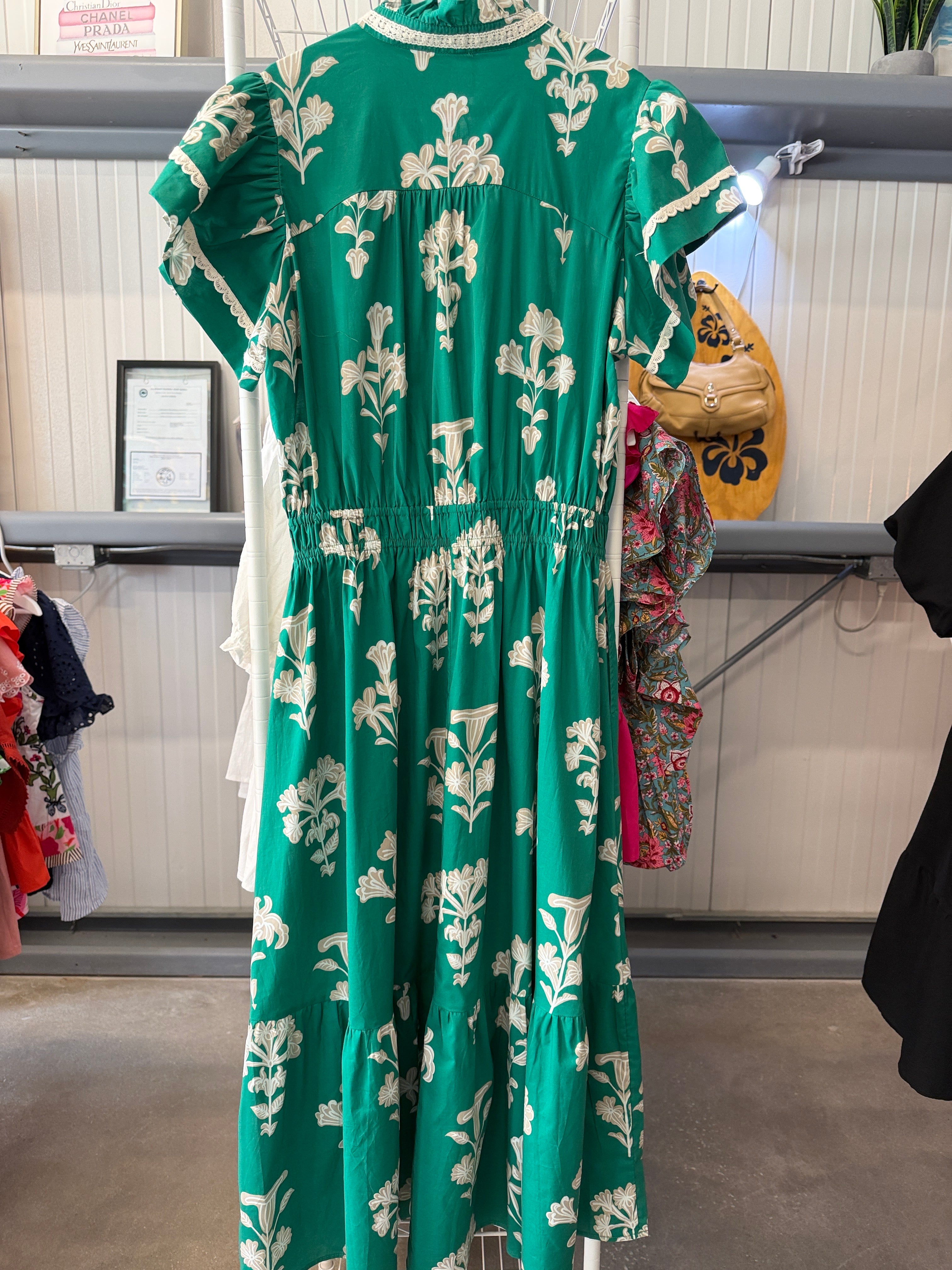 Umgee Green Midi Dress with Cream Floral Print