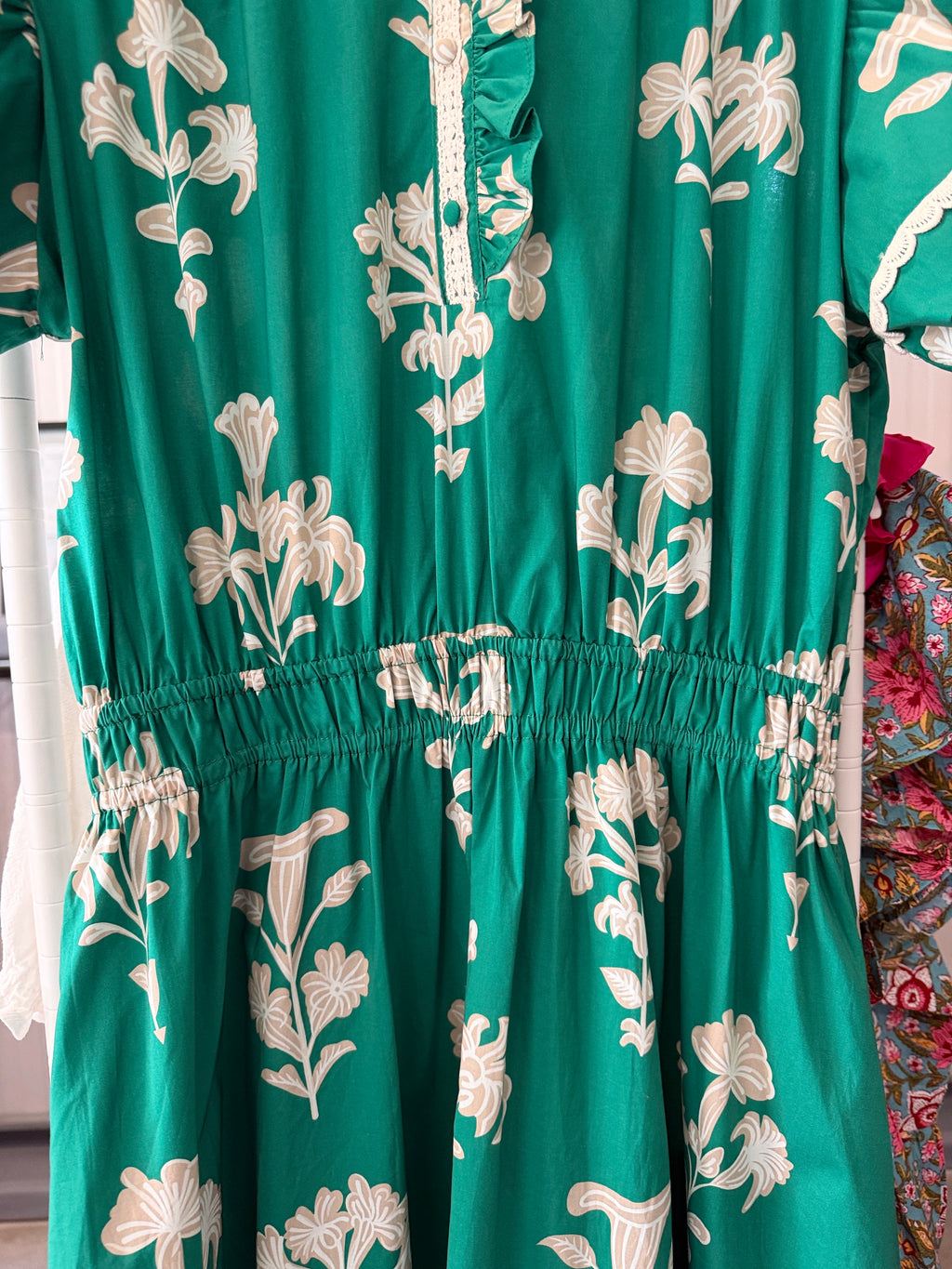 Umgee Green Midi Dress with Cream Floral Print