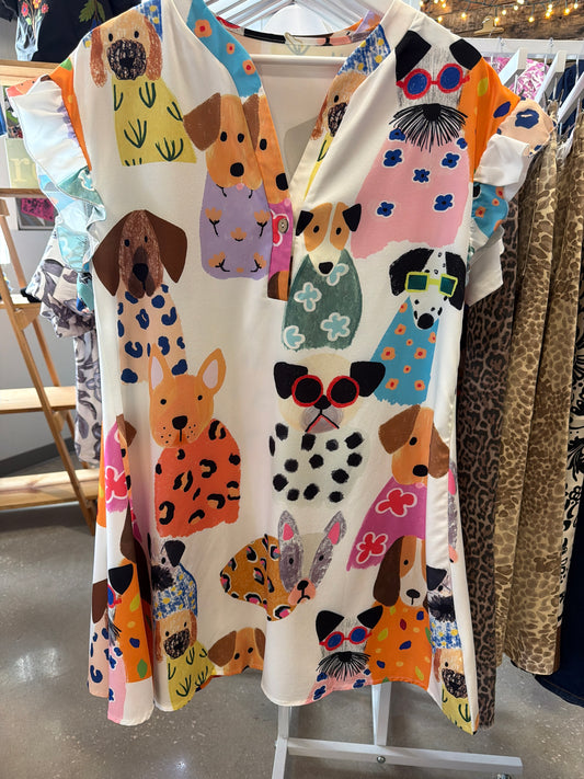 Woman’s Mini Dog Dress With Ruffle Sleeves