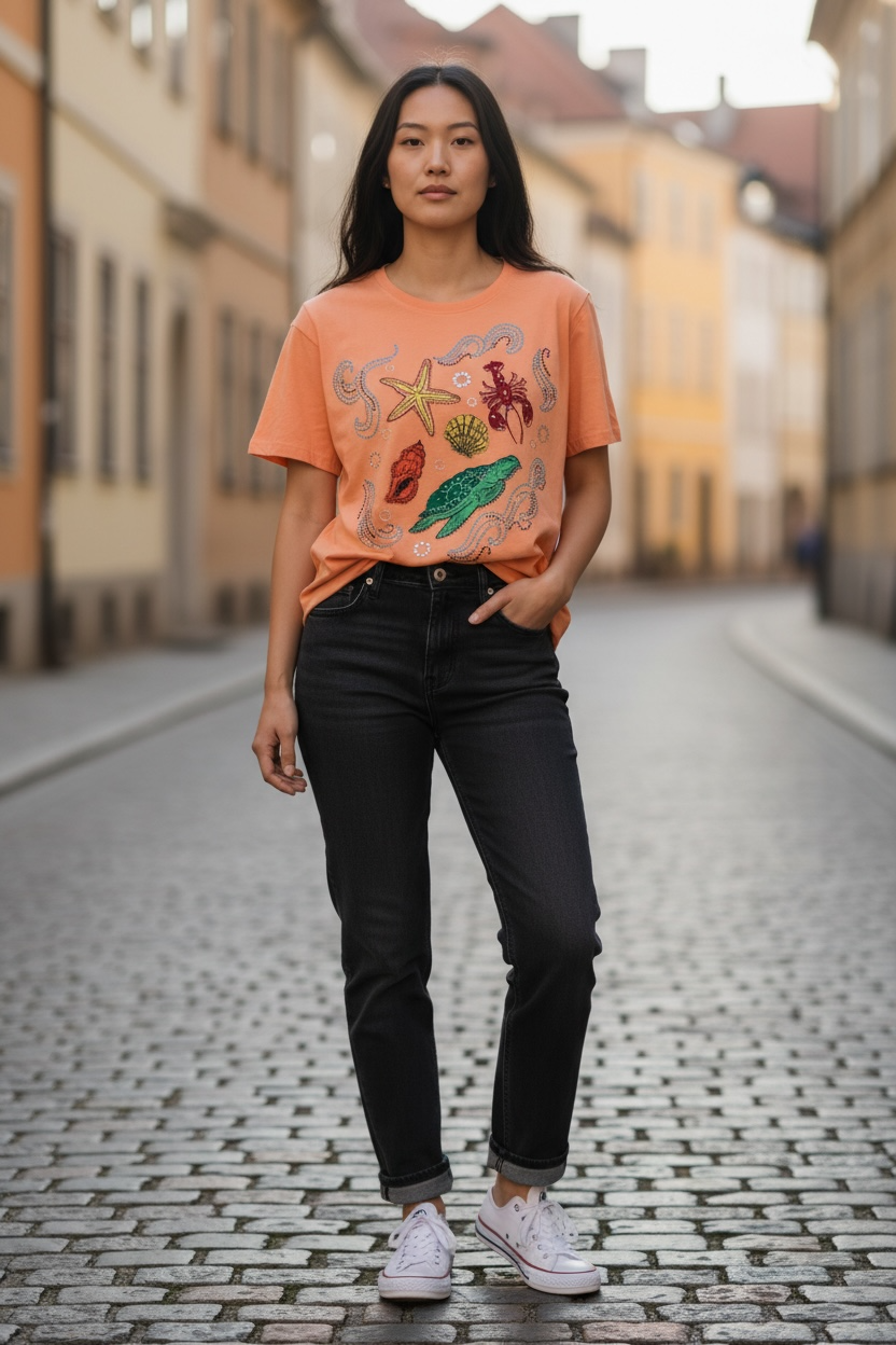 New York Laundry Orange Short-Sleeve Women’s Tee with Colorful Sea Life