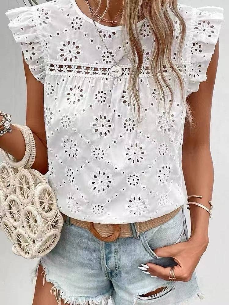 Women's Summer Ruffle Sleeveless Hollow Out Top: Yellow / M