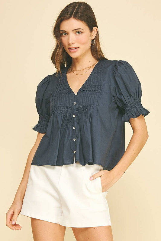 TUCKED DETAIL BUTTON DOWN BLOUSE TOP