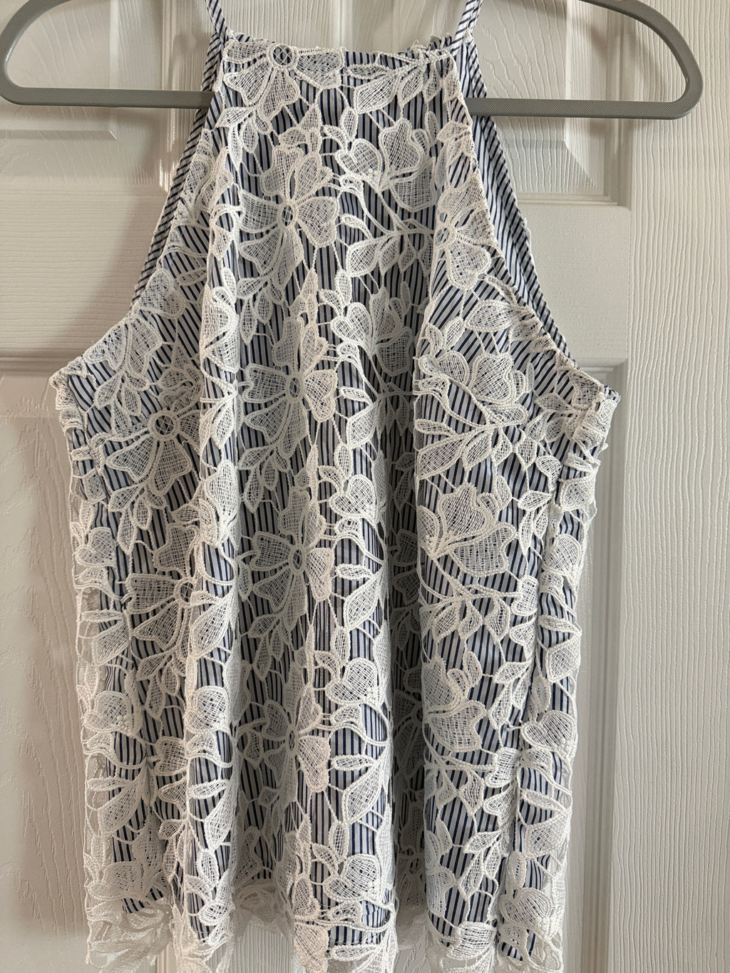Adiva Navy & White Striped Halter Camisole with White Lace Overlay