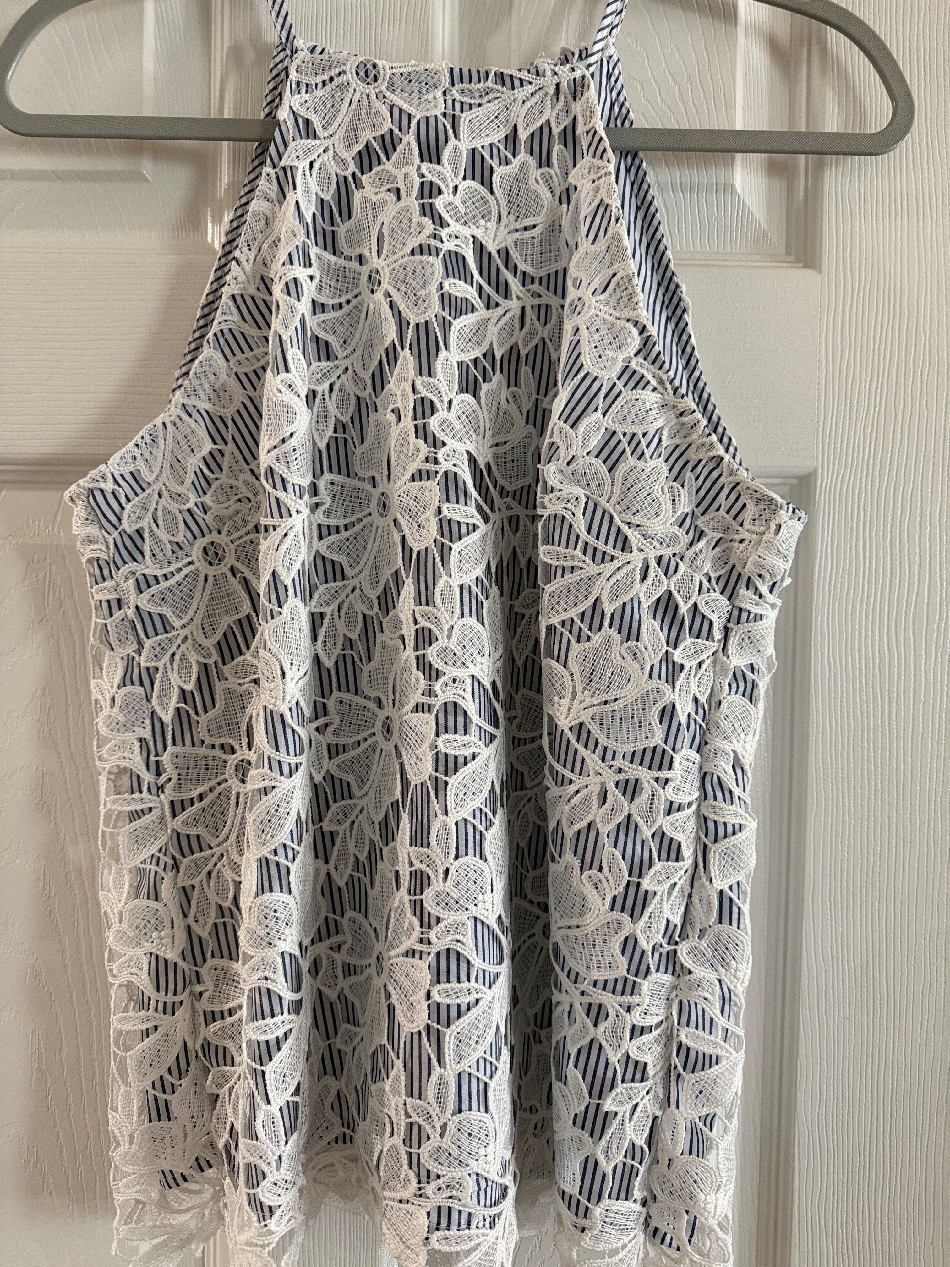 Adiva Navy & White Striped Halter Camisole with White Lace Overlay
