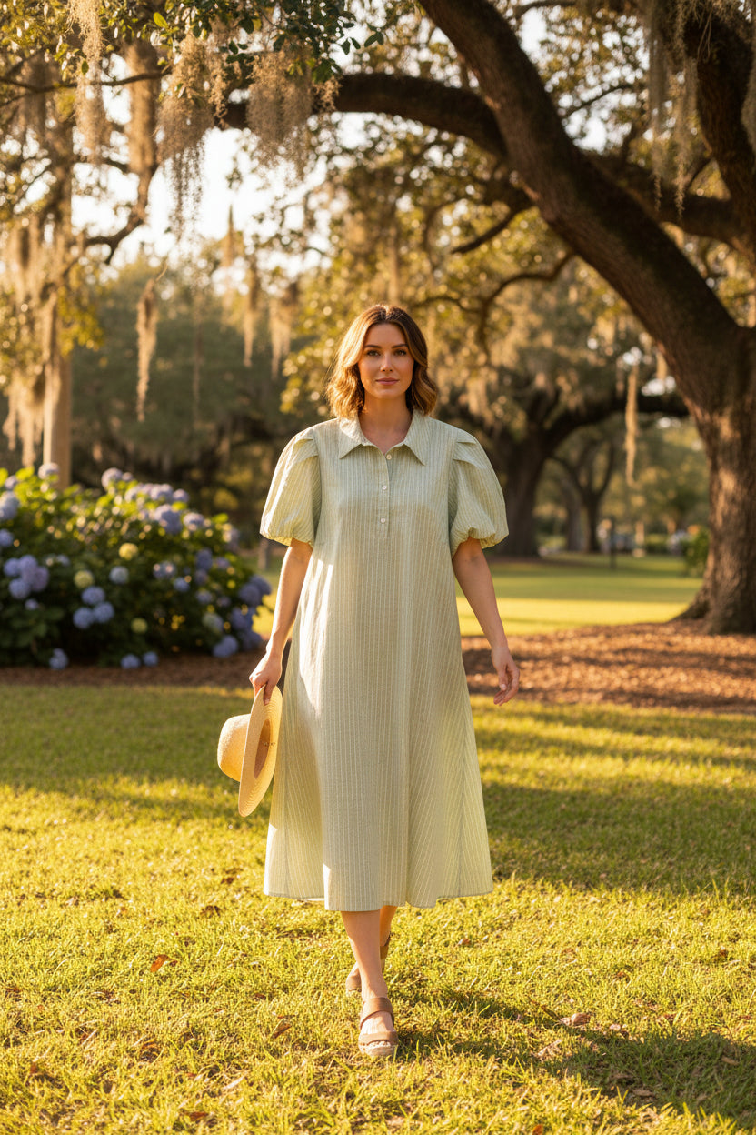 Sage Green and Cream Striped Midi Dress with Puff Sleeves