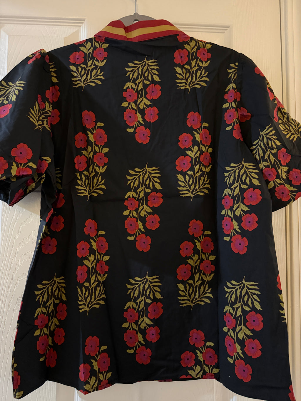 Black Floral Split-Neck Top with Pink & Gold Accents