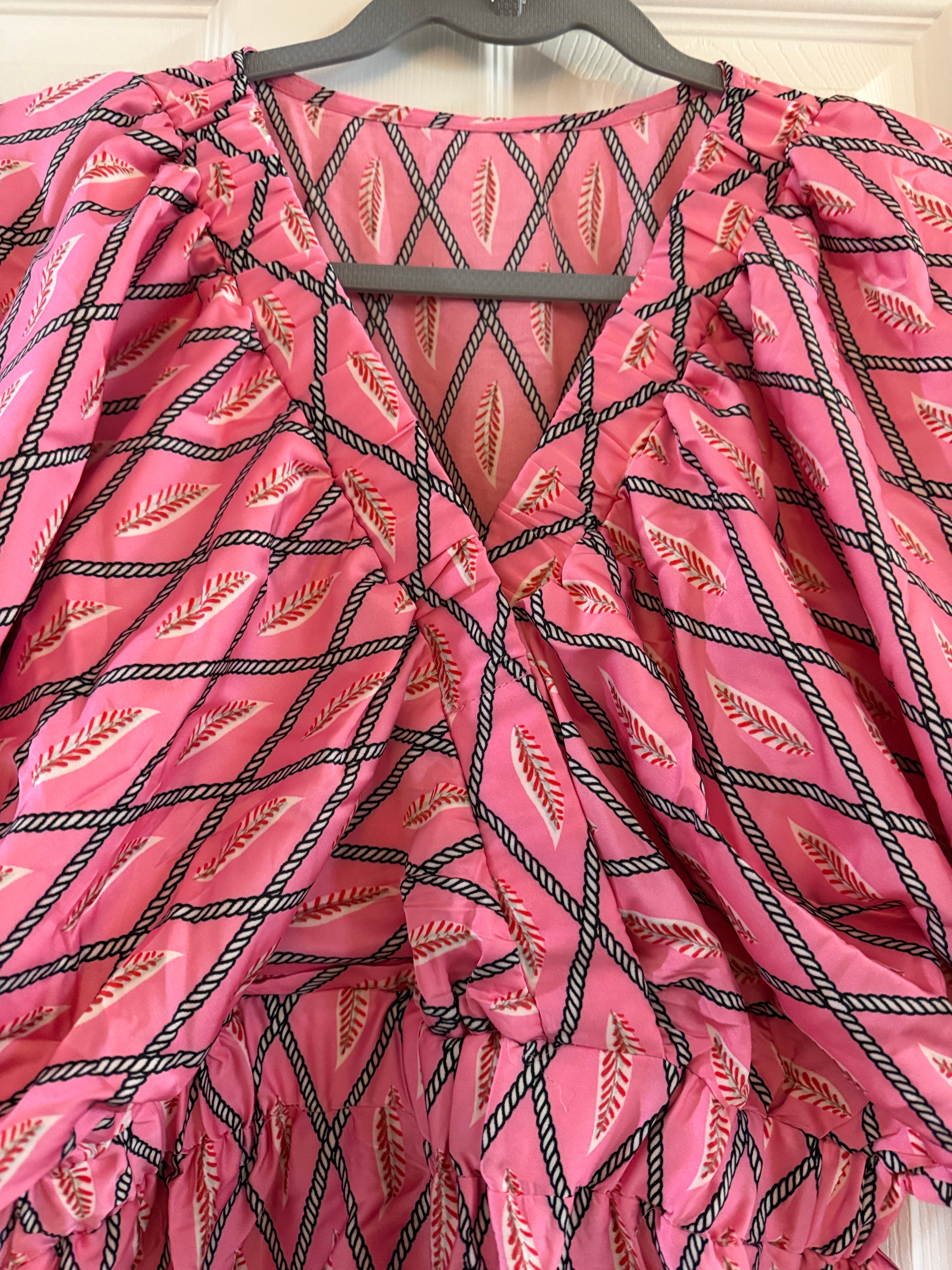Pink Patterned Boho Romper with Flutter Sleeves