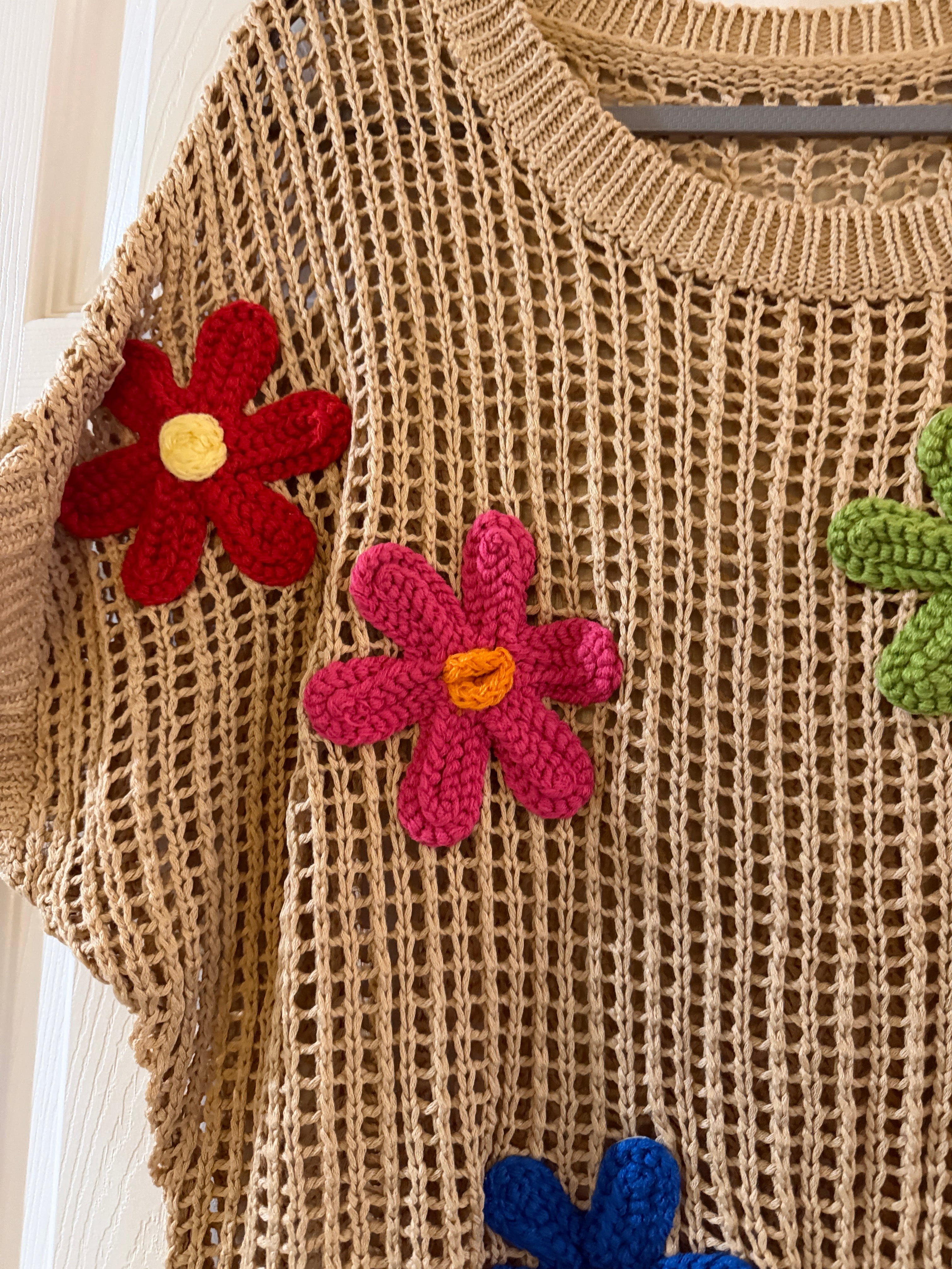 Beige Crochet Flower Appliqué Sweater Top