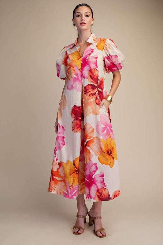 Elegant Collar V-Neck Pleated Midi Dress