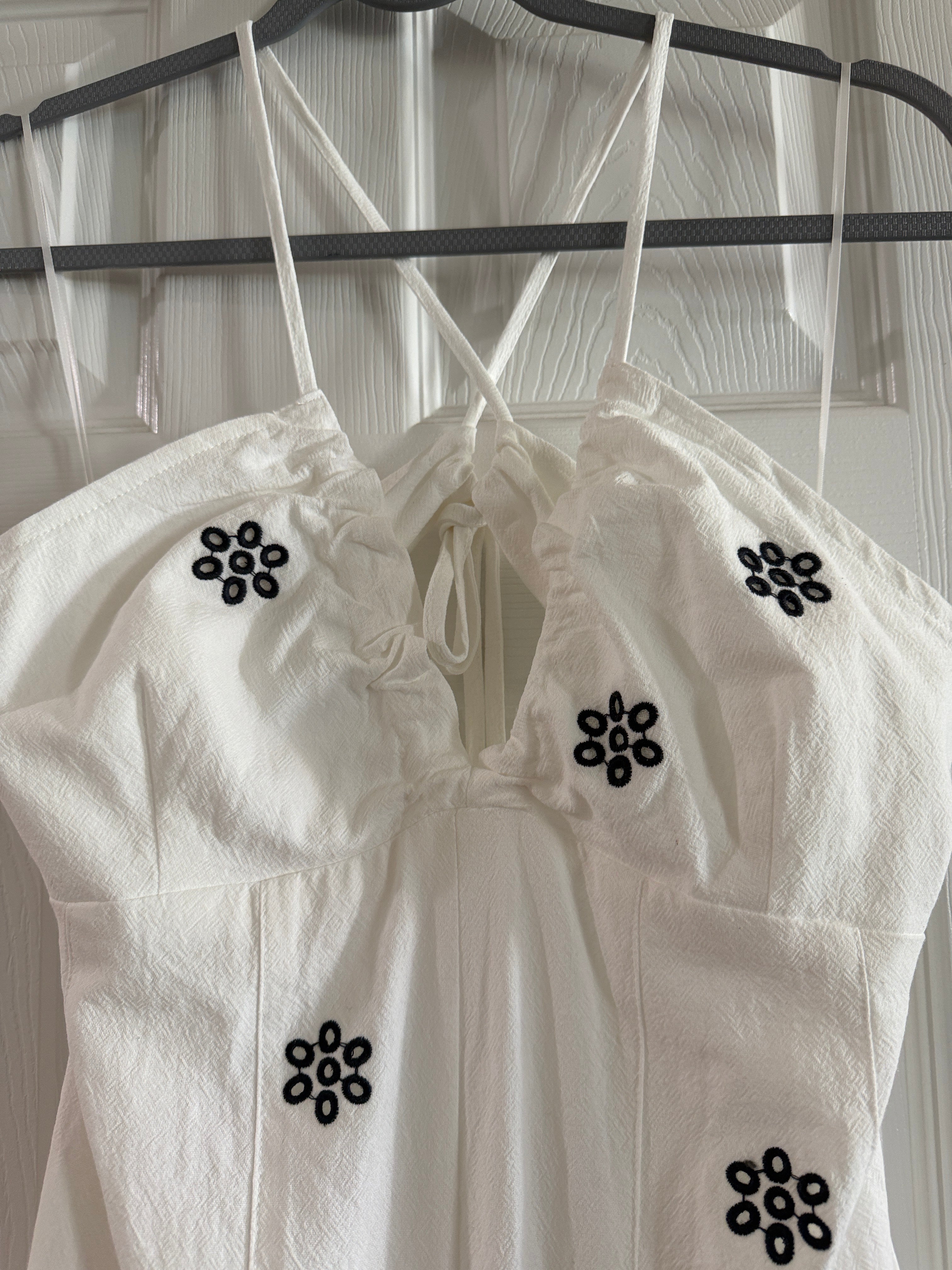 White Spaghetti-Strap Jumpsuit with Black Floral Embroidery