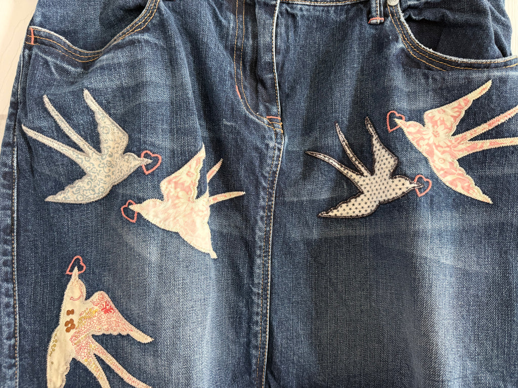 Women’s Dark Blue Denim Mini Skirt with Bird Appliqués