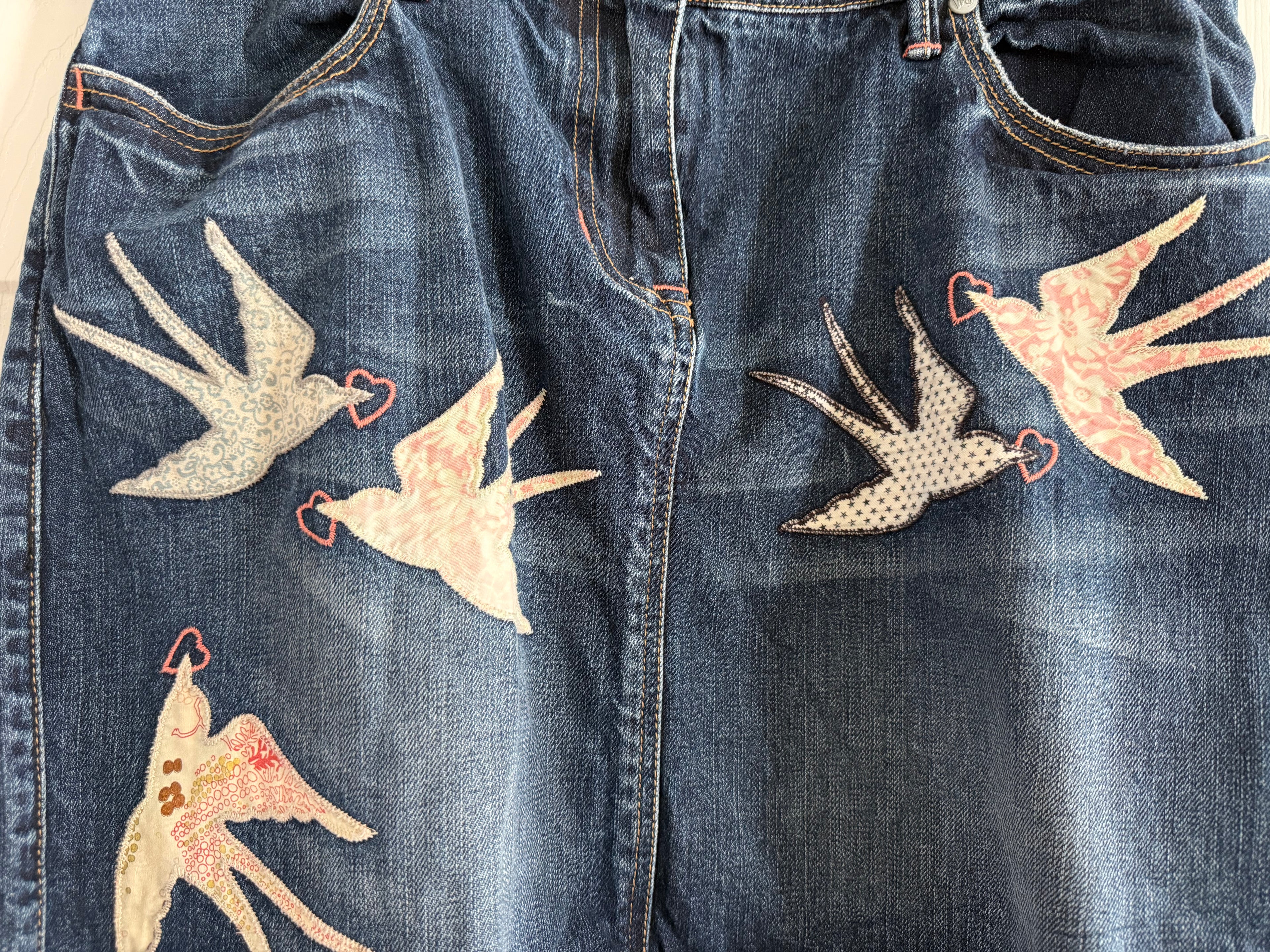 Women’s Dark Blue Denim Mini Skirt with Bird Appliqués