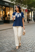 Navy and White Embroidered Floral Details