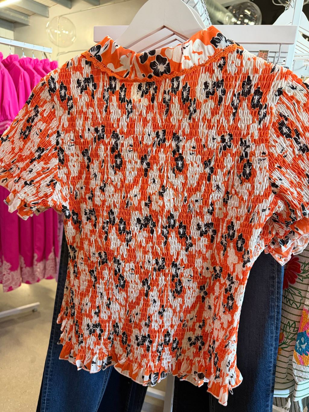 Umgee Orange, Black & White Floral Smocked Button-Down Top