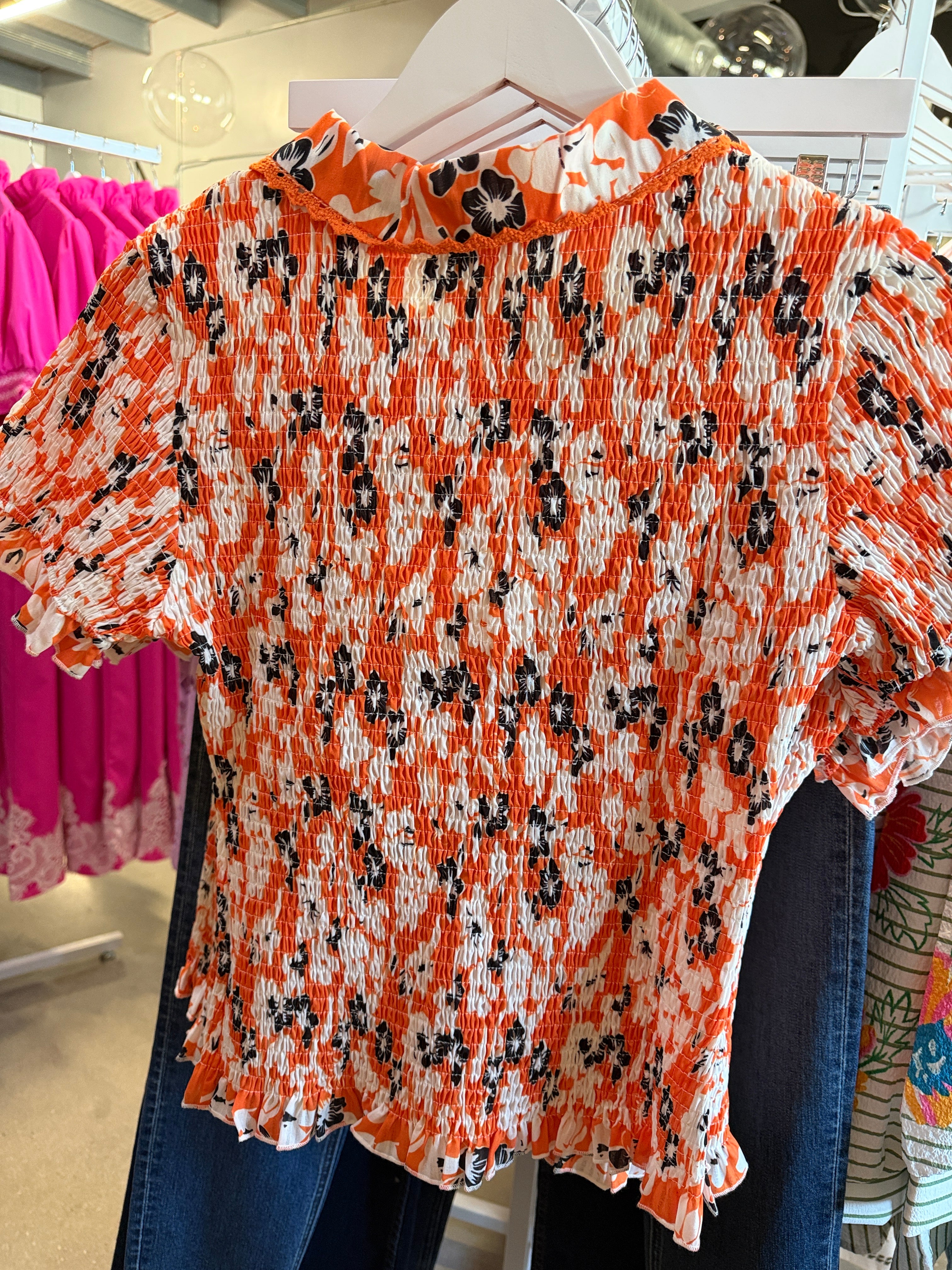 Umgee Orange, Black & White Floral Smocked Button-Down Top