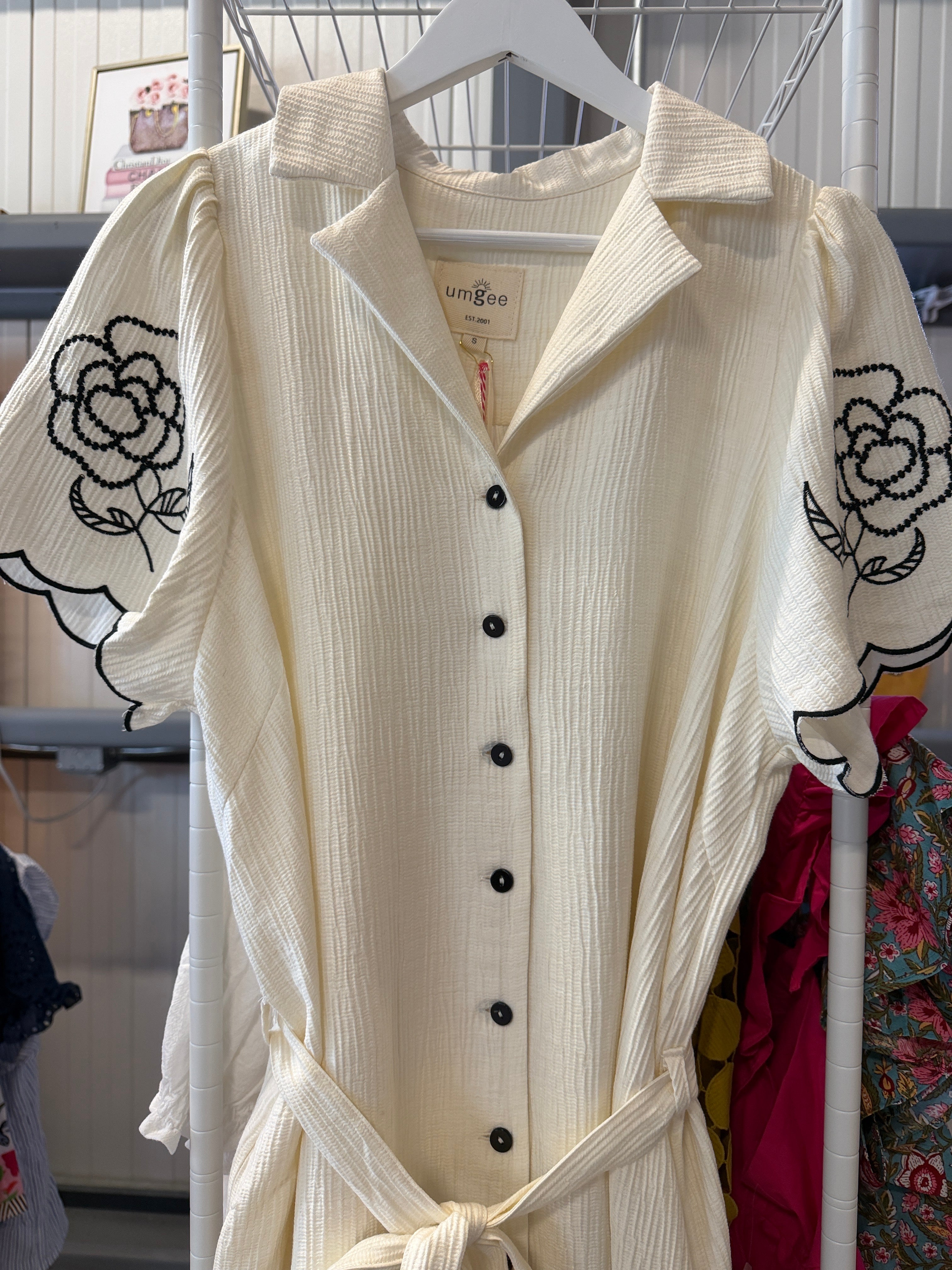 Umgee Cream Button-Front Dress with Black Floral Embroidery
