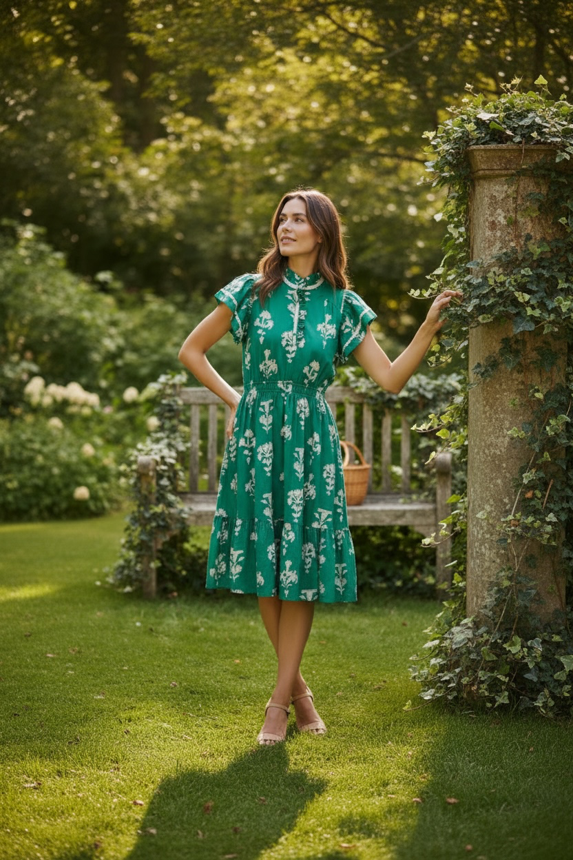 Umgee Green Midi Dress with Cream Floral Print