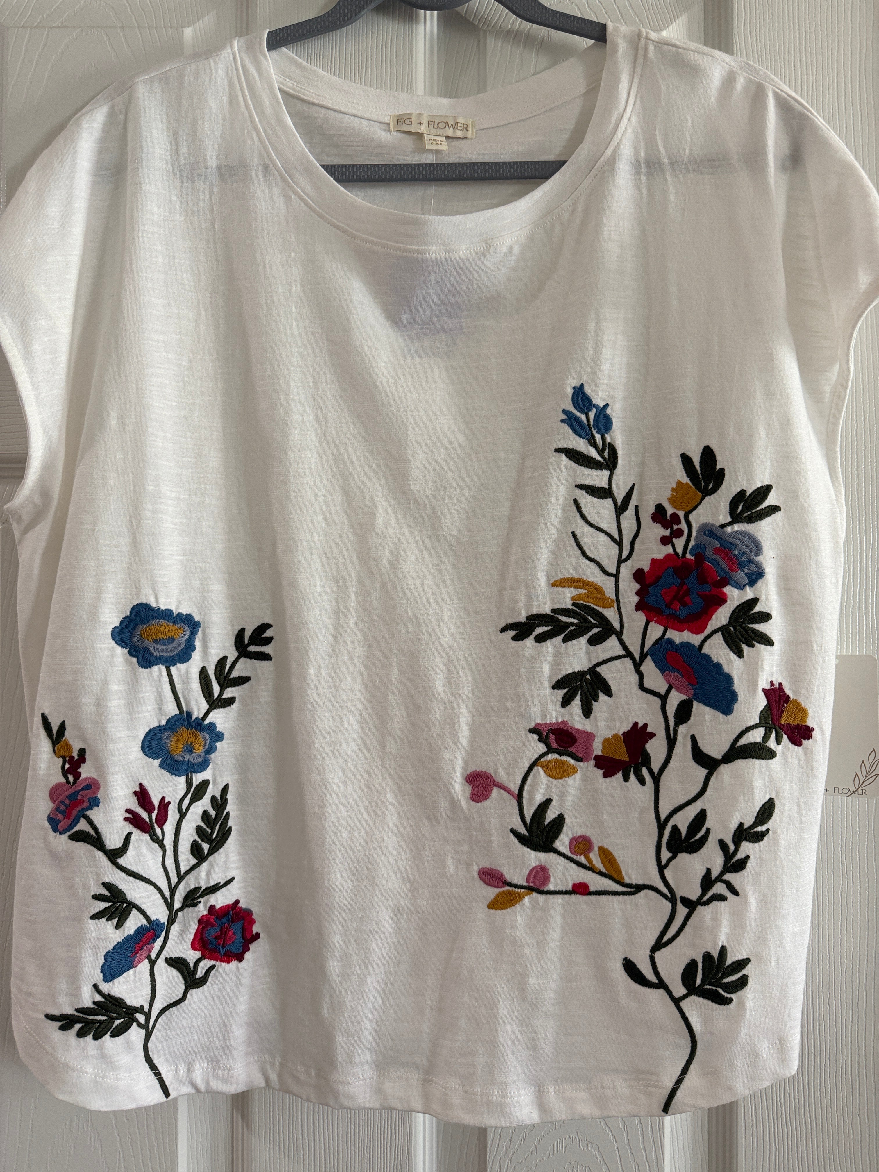 Fig & Flower White Short Sleeve Tee with Multicolor Floral Embroidery