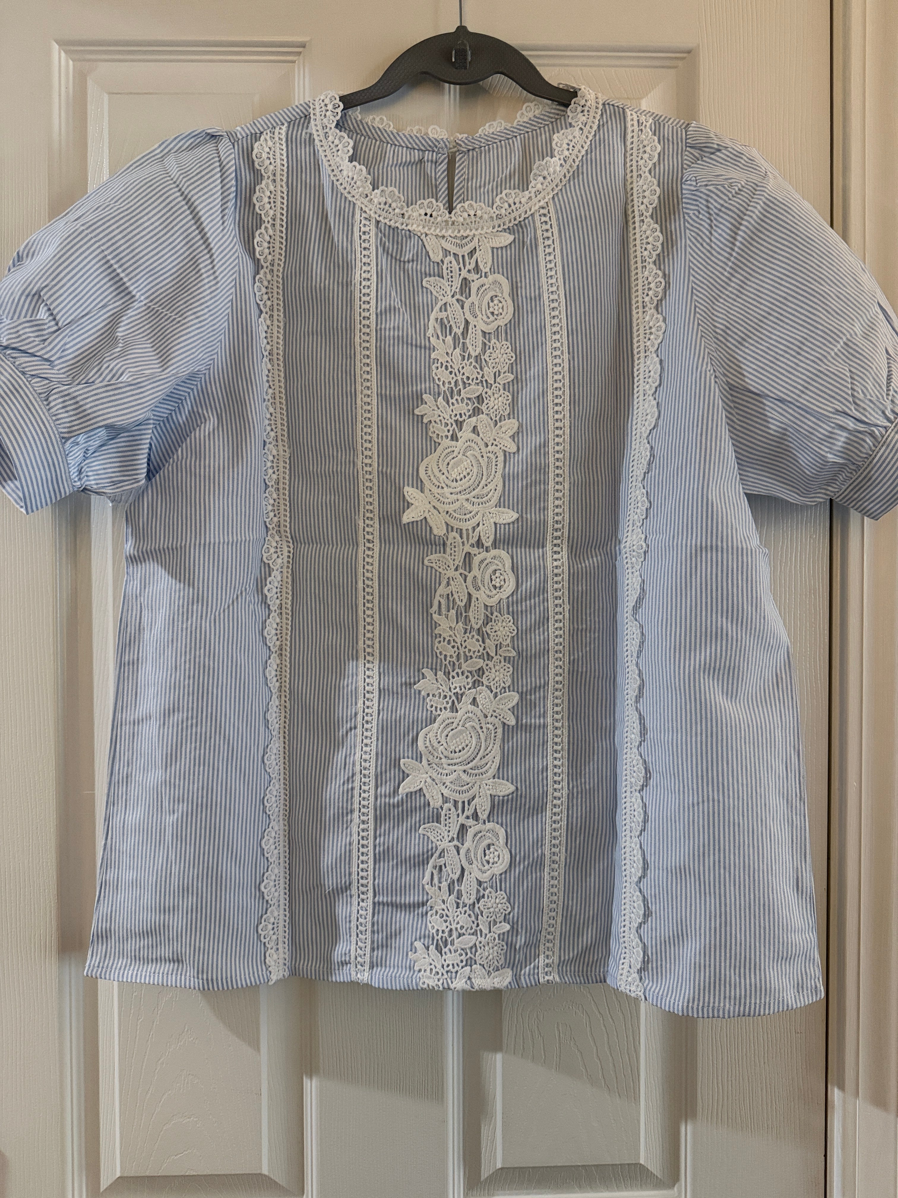 Blue Striped Lace-Trim Blouse