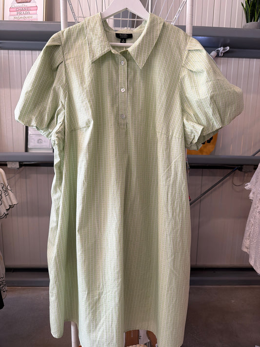 Sage Green and Cream Striped Midi Dress with Puff Sleeves