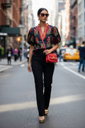 Black Floral Split-Neck Top with Pink & Gold Accents