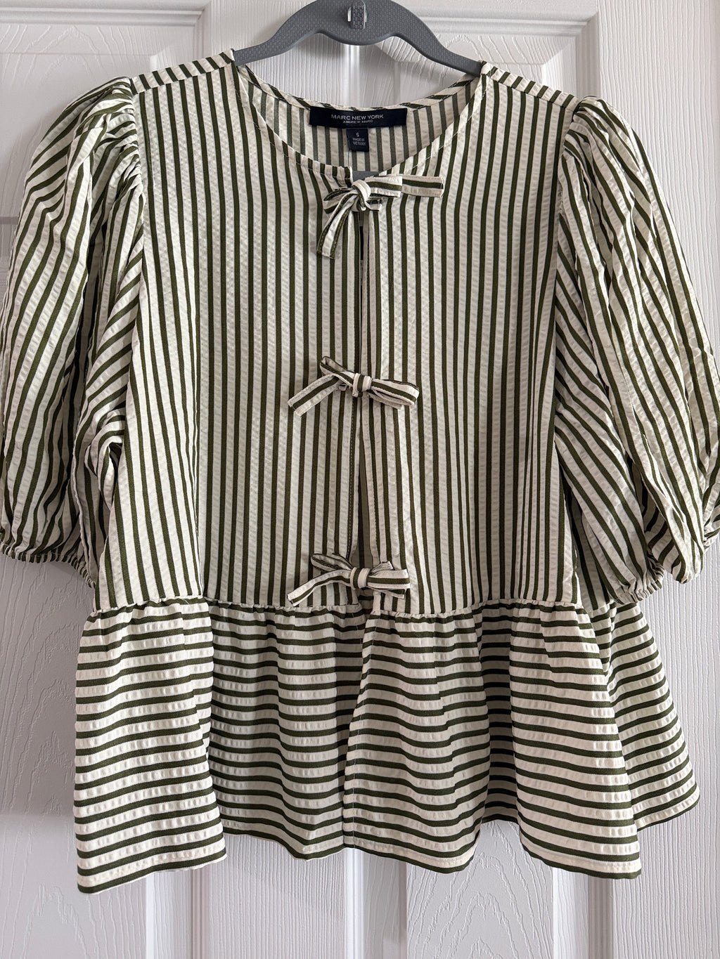 Marc New York Andrew Marc Cream Striped Tie-Front Peplum Top