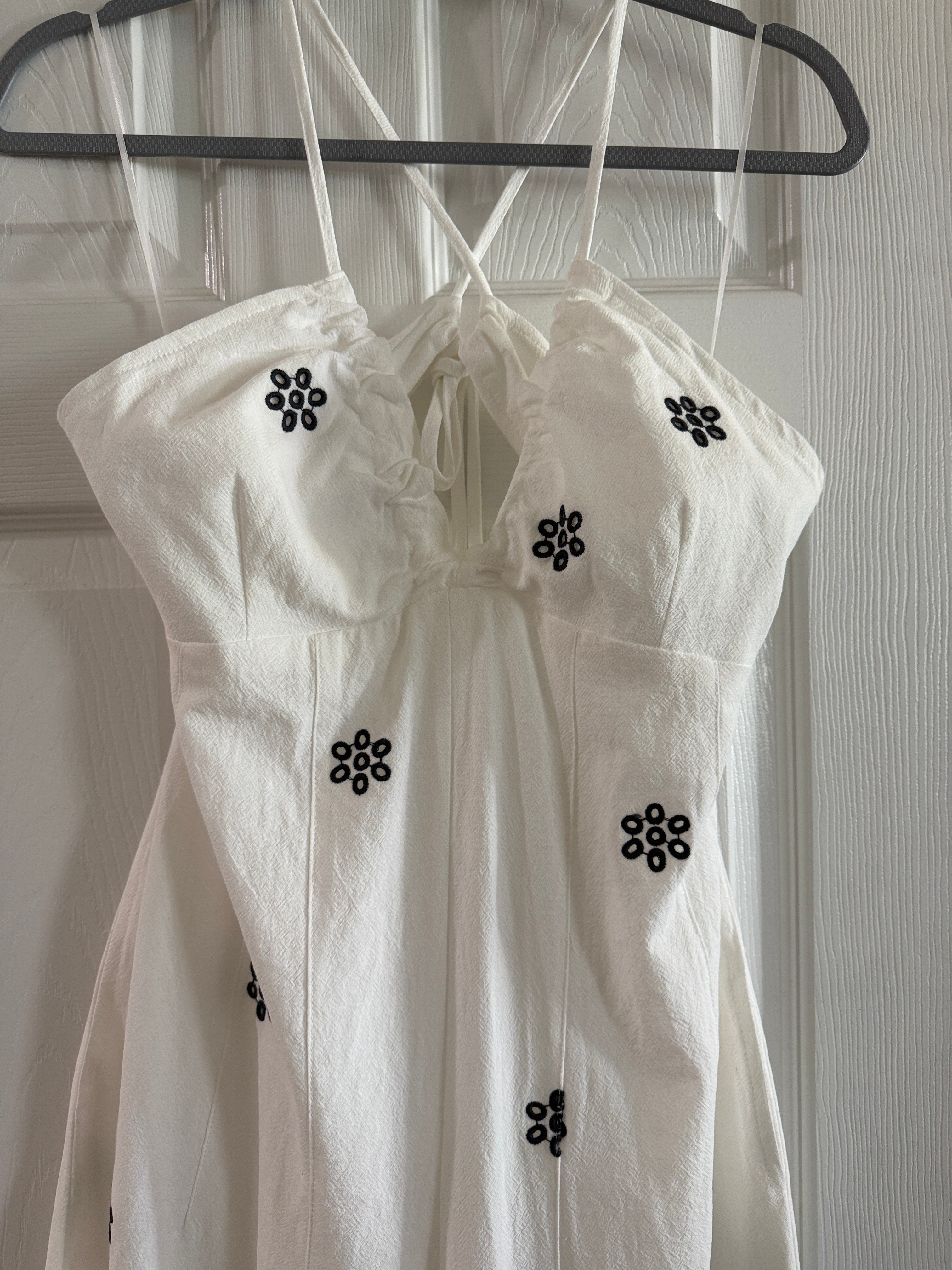 White Spaghetti-Strap Jumpsuit with Black Floral Embroidery
