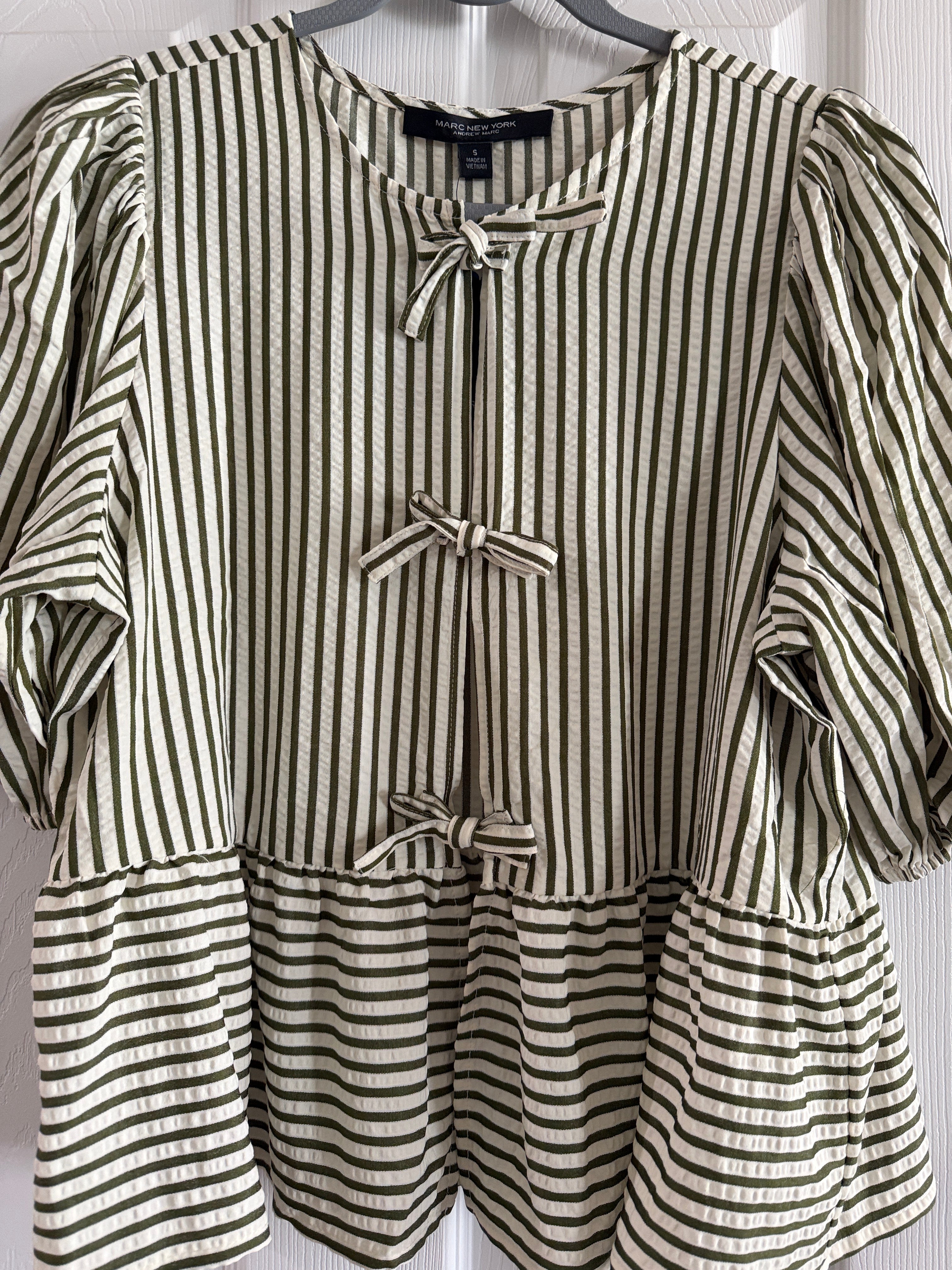 Marc New York Andrew Marc Cream Striped Tie-Front Peplum Top