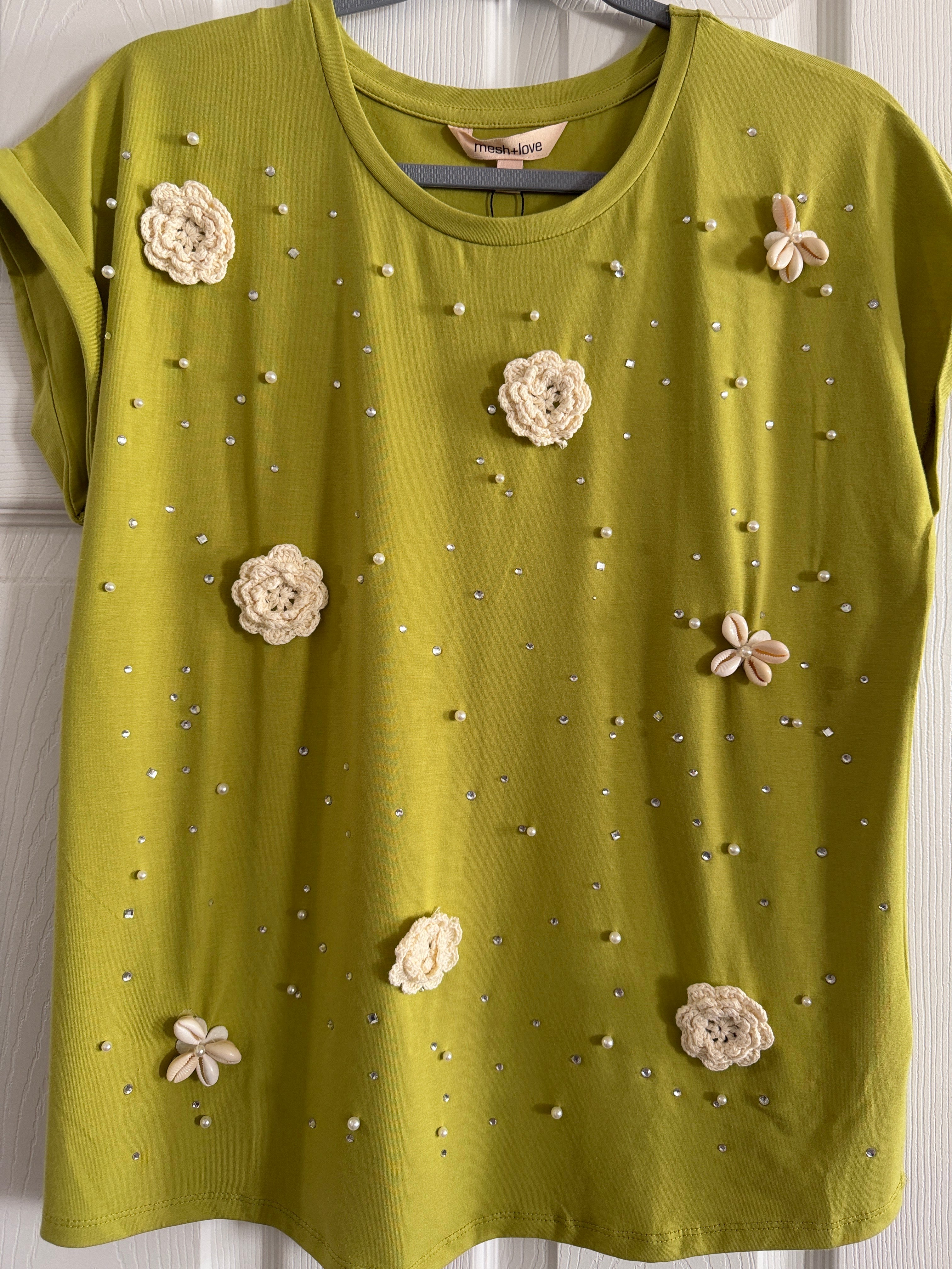 Mesh + Love Citrine Green Embellished Floral Tee