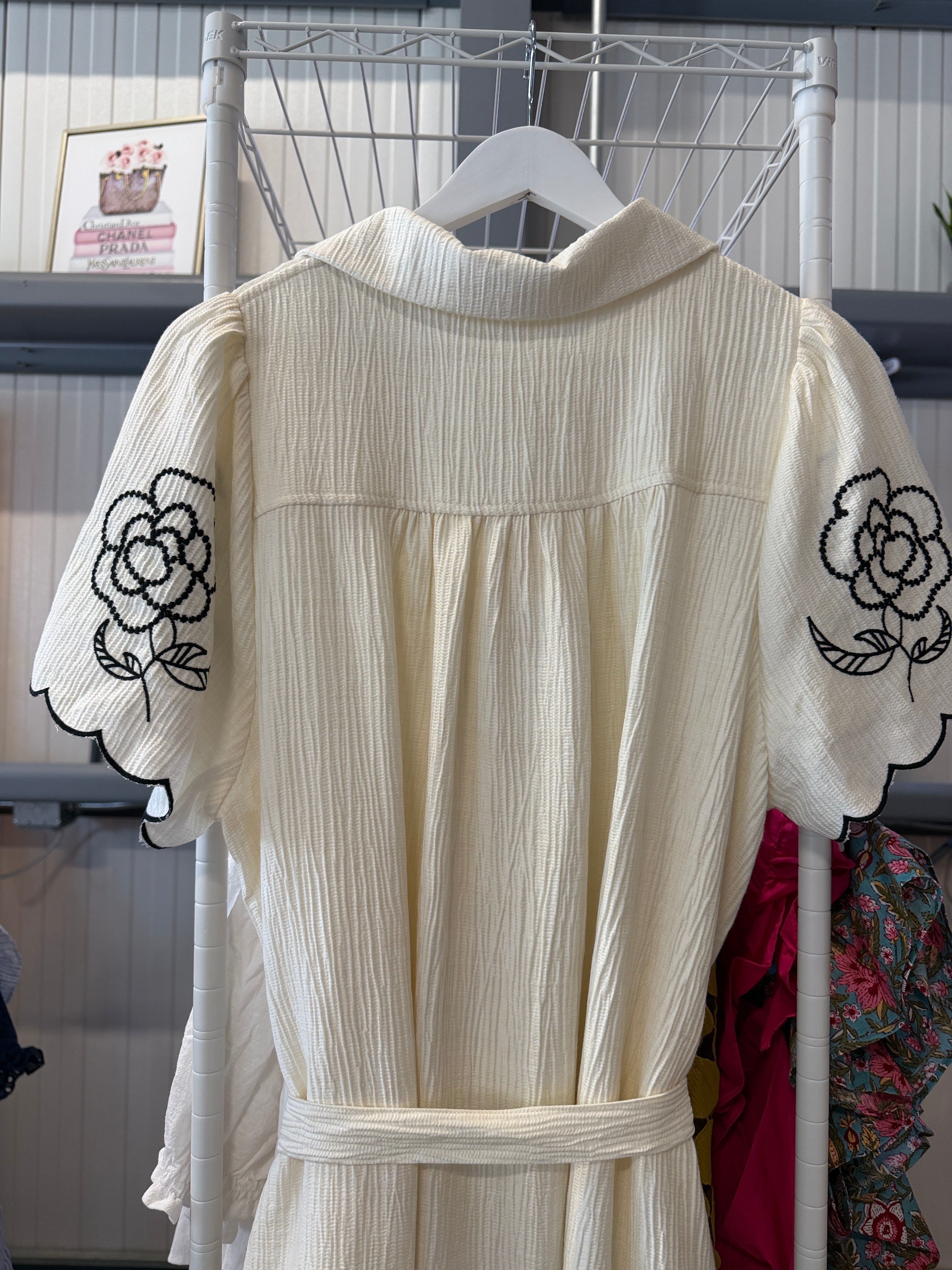Umgee Cream Button-Front Dress with Black Floral Embroidery