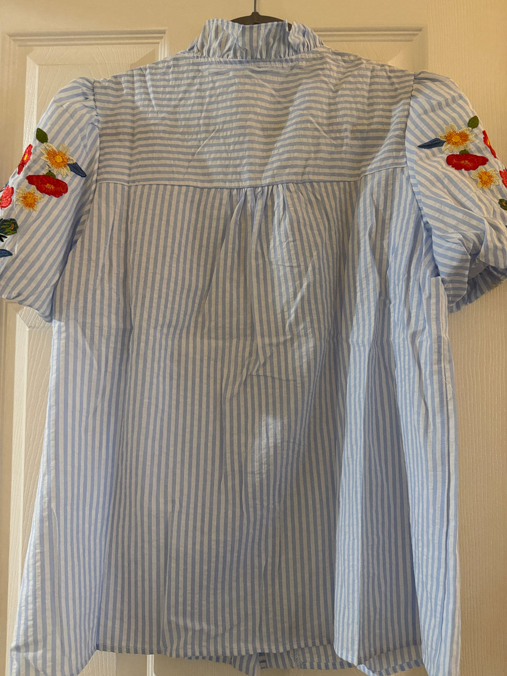 Light Blue Striped Ruffle Front Blouse with Floral Embroidered Sleeves