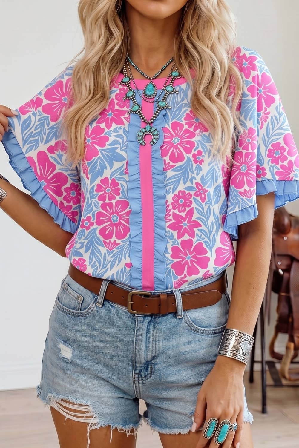 Fashion Floral Printed Lace Color Block Half Sleeve Blouse: Sky Blue / XL