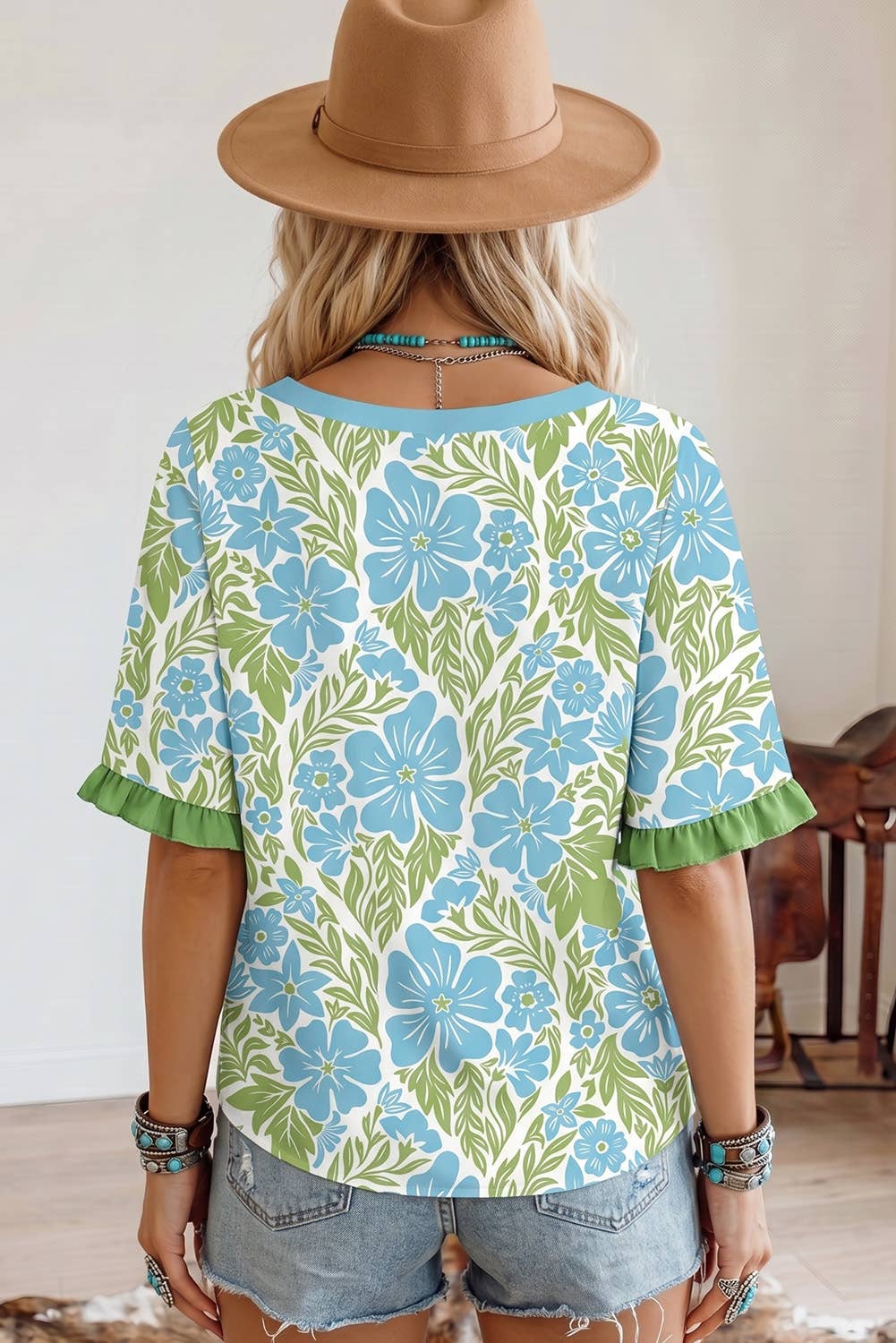 Fashion Floral Printed Lace Color Block Half Sleeve Blouse: Sky Blue / M