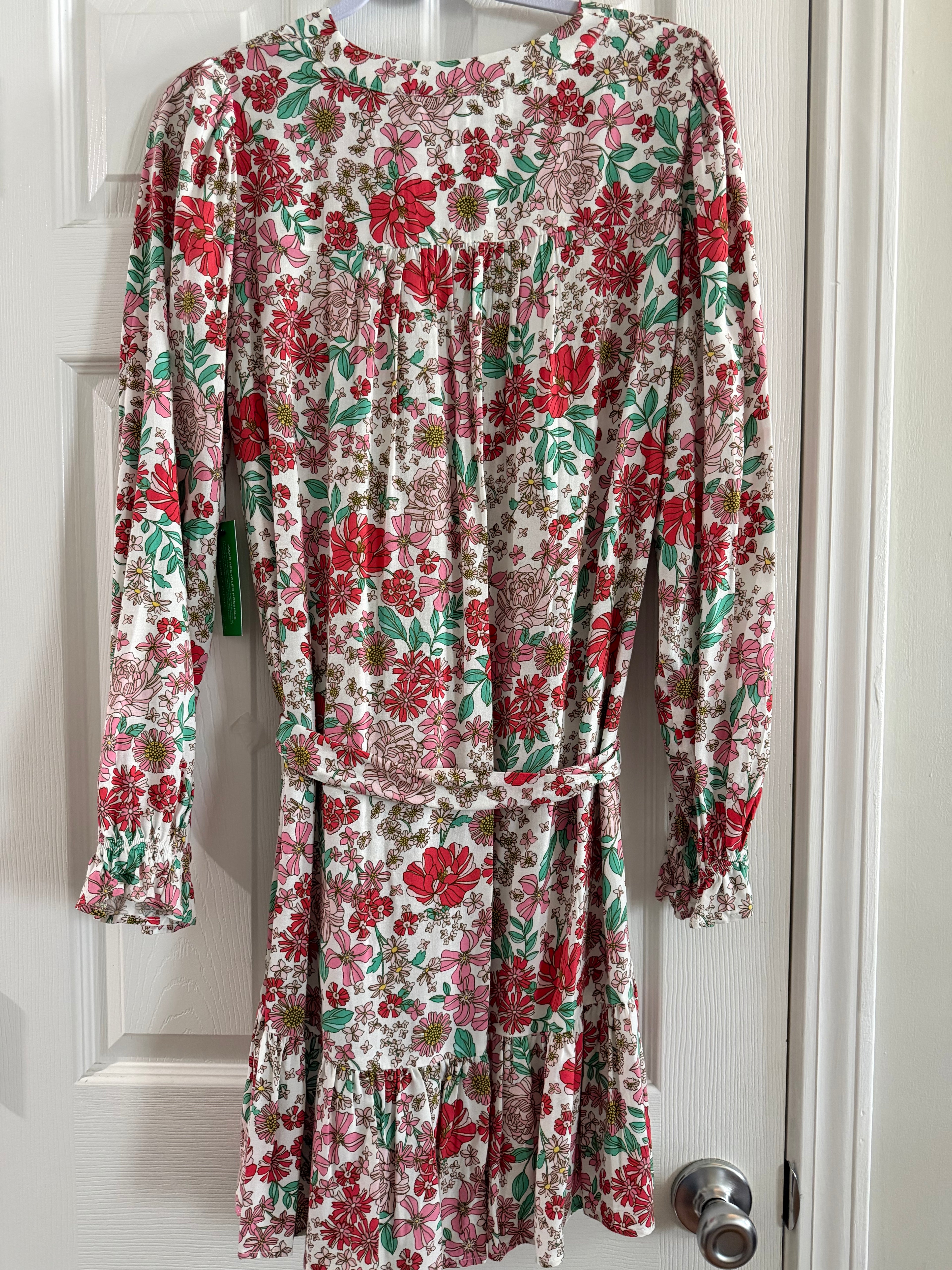 Floral Tie-Waist Midi Sleeve Dress-White with Red & Pink Flowers