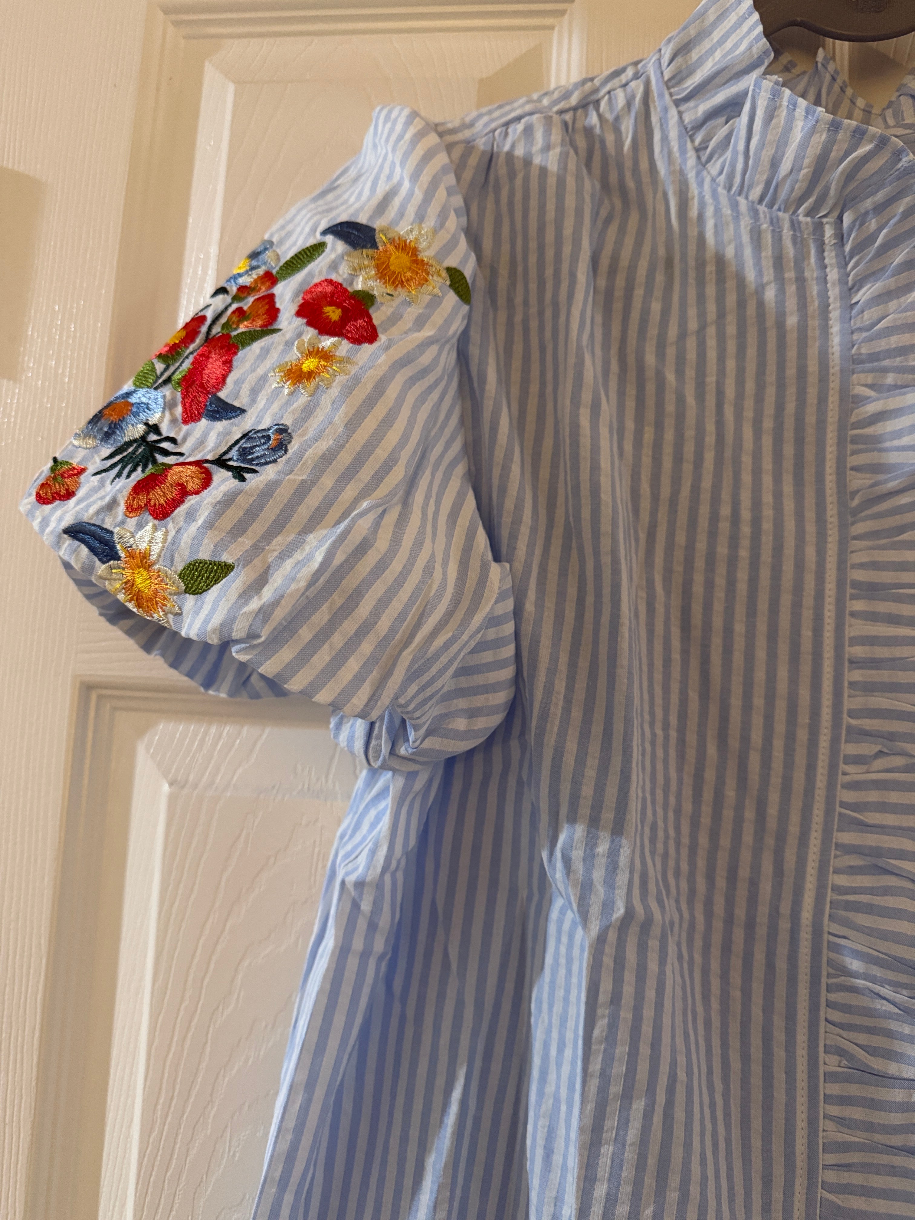 Light Blue Striped Ruffle Front Blouse with Floral Embroidered Sleeves